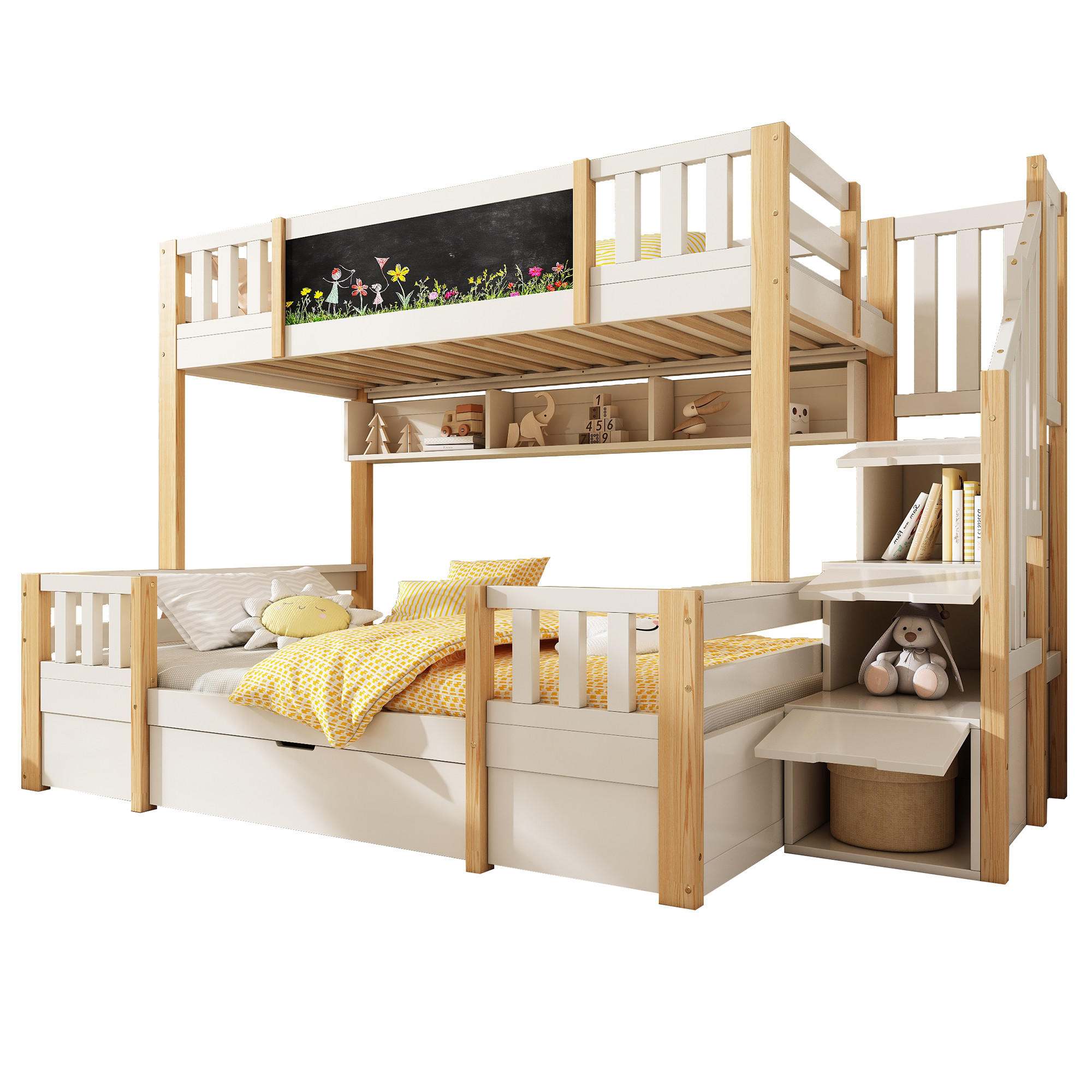 ETAGENBETT 90/200 cm Weiß aus Holz mit Kreidetafel und Stauraumtreppe - Weiß, Holzwerkstoff (90/200cm) - OKWISH