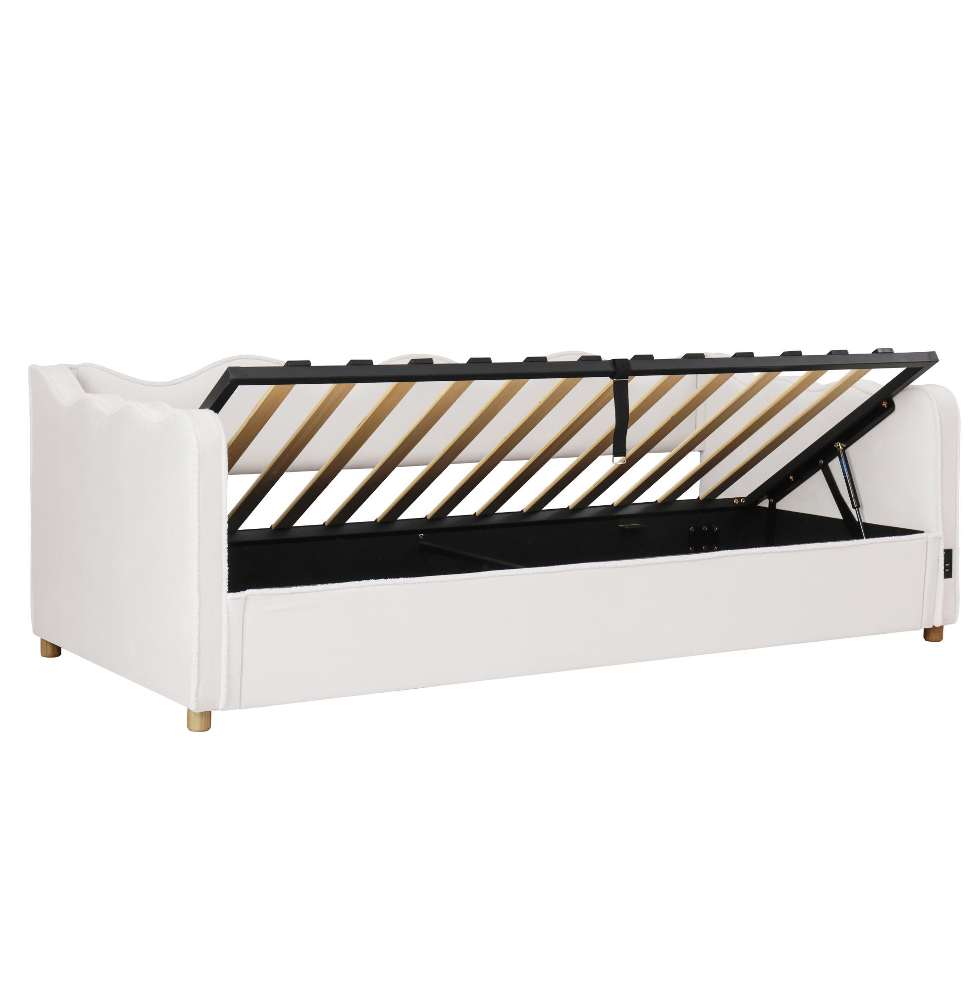 POLSTERBETT 90/200 cm aus Samt mit hydraulischem Stauraum und USB-Anschluss Beige - Beige, Textil (90/200cm) - Modenvie