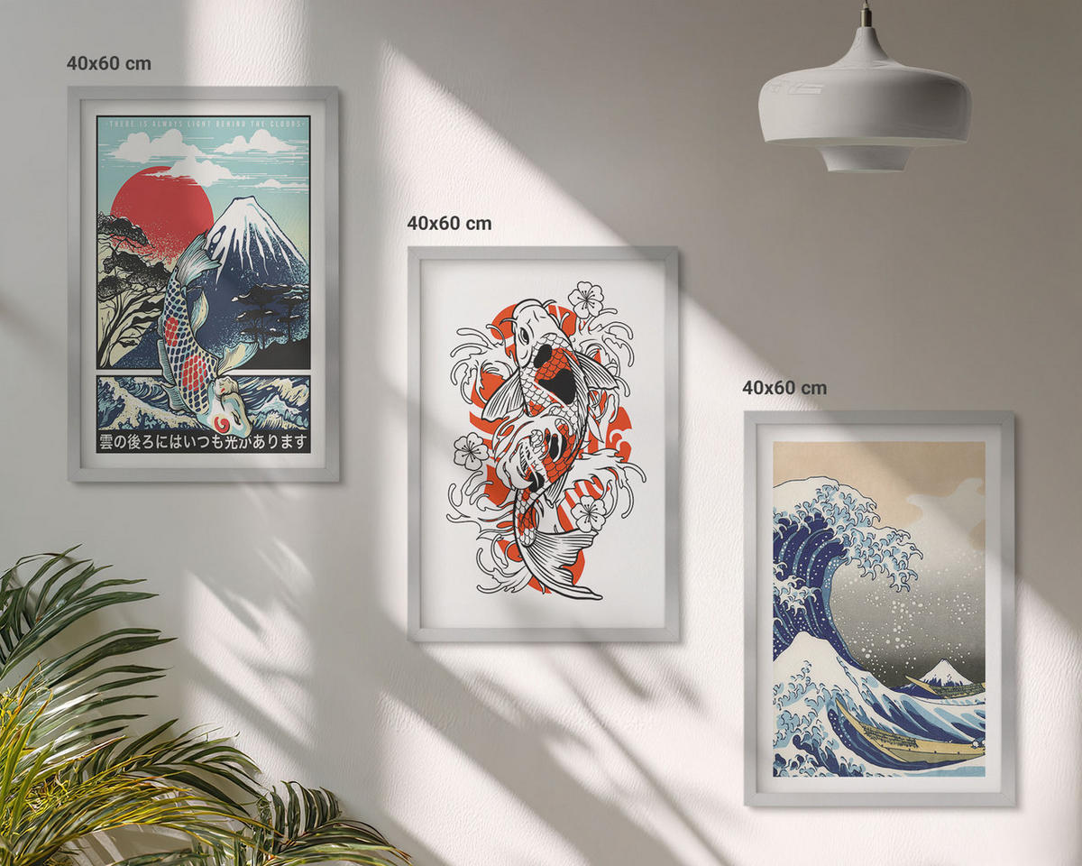 BILDER SET 3er Set - 40x60 cm Silberner Rahmen - Berge von Fischen Große Welle Japan - Silberfarben, Kunststoff (40/60cm) - TULUP