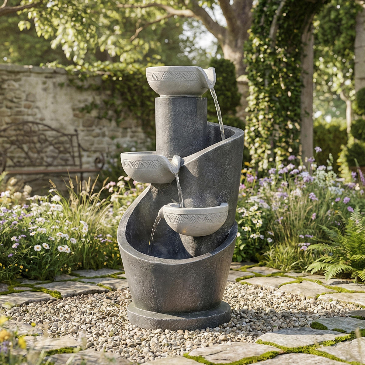 GARTENBRUNNEN, LED-Beleuchtung, Kunststein, Wasserspiel, Grau - Grau, Naturmaterialien (25/24/50cm) - FLIEKS