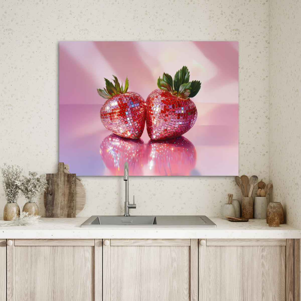 LEINWANDBILD Disco - Obst - Glitzer - Erdbeere Wandbilder 80x60 cm - Pink, Textil (80/60cm) - MuchoWow