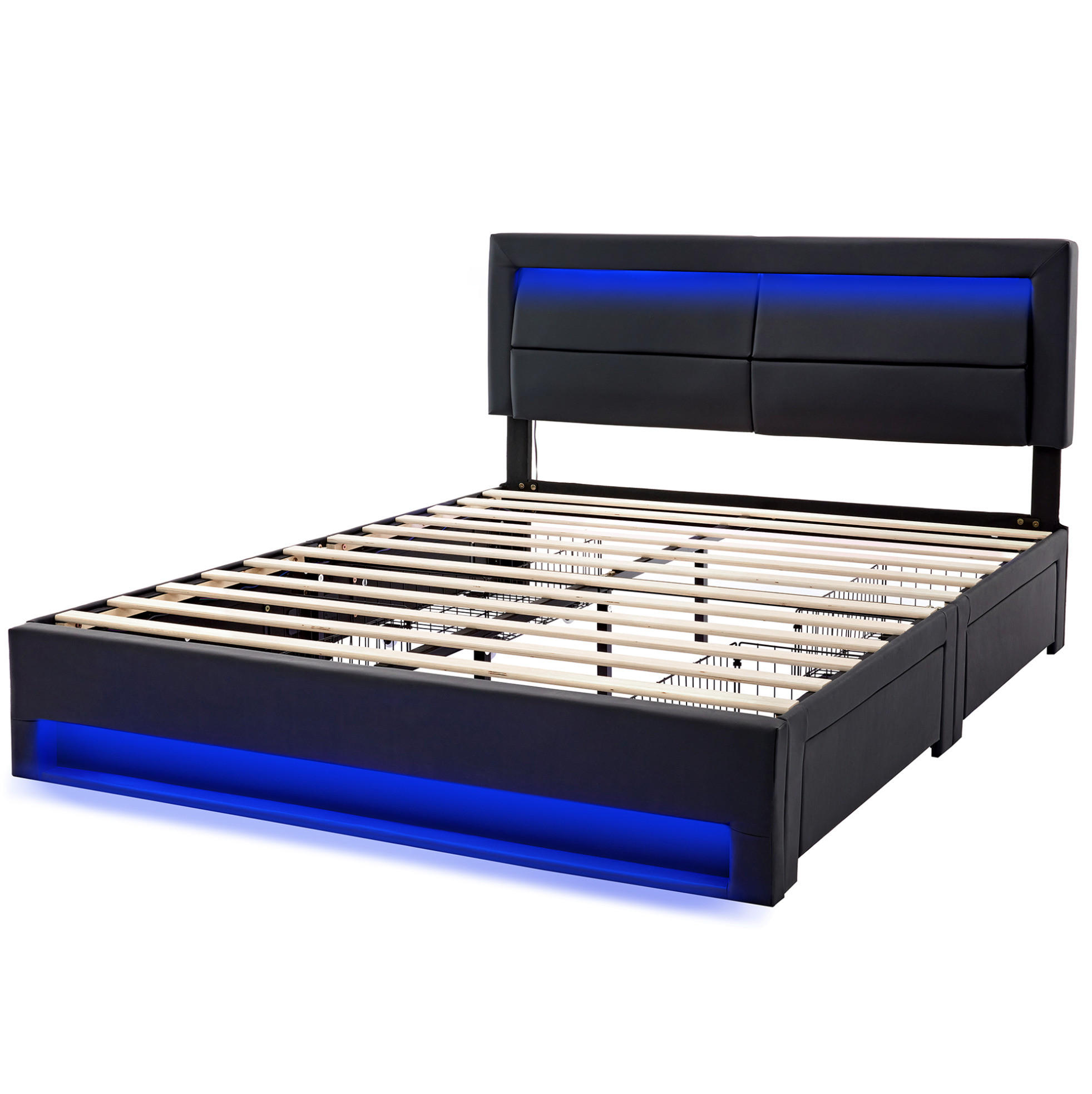 TAPECIRANI krevet od PU materijala 140x200 cm crni s LED rasvjetom, USB punjenjem i 4 ladice - crna, koža (140/200cm) - Modfu