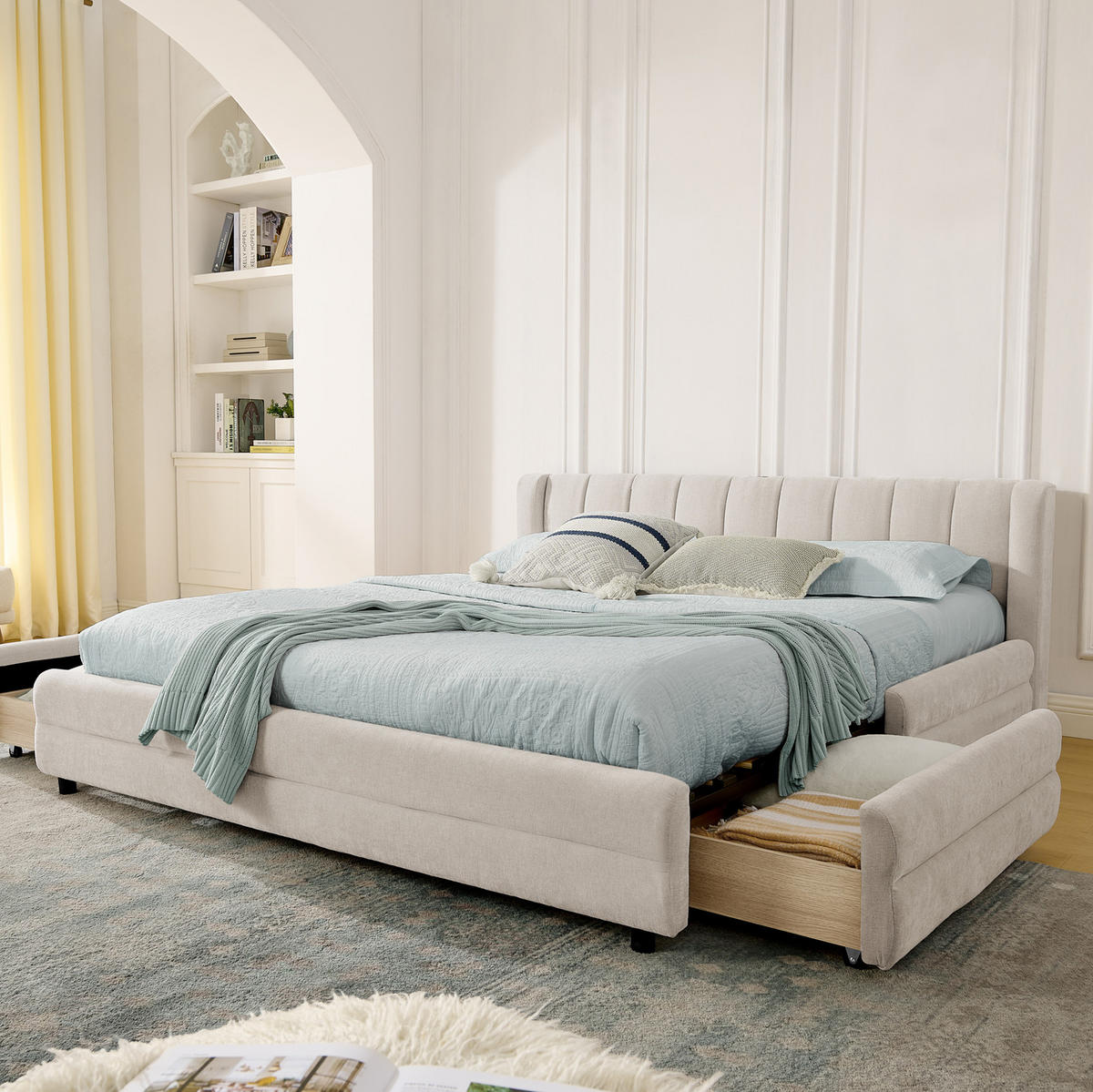 BETT mit 4 Schubladen und USB 140x200 cm Chenille Beige - Beige, Holz (140/200cm) - Meubliv