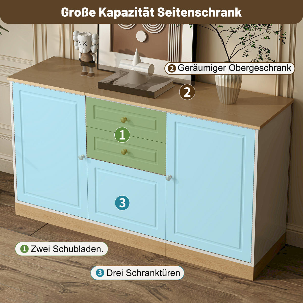 SIDEBOARD 3 Türen 2 Schubladen Wohn Esszimmer Multifunktional - Weiß, Holzwerkstoff (39/76/135.5cm) - FLIEKS