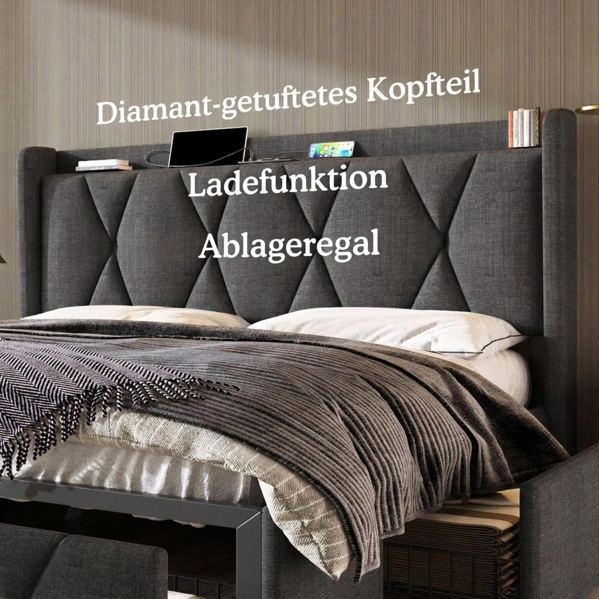 POLSTERBETT 160/200 cm Grau mit aufladen USB Ladefunktion Kopfteil und 4 Schubladen - Grau, Textil (160/200cm) - Oxeza