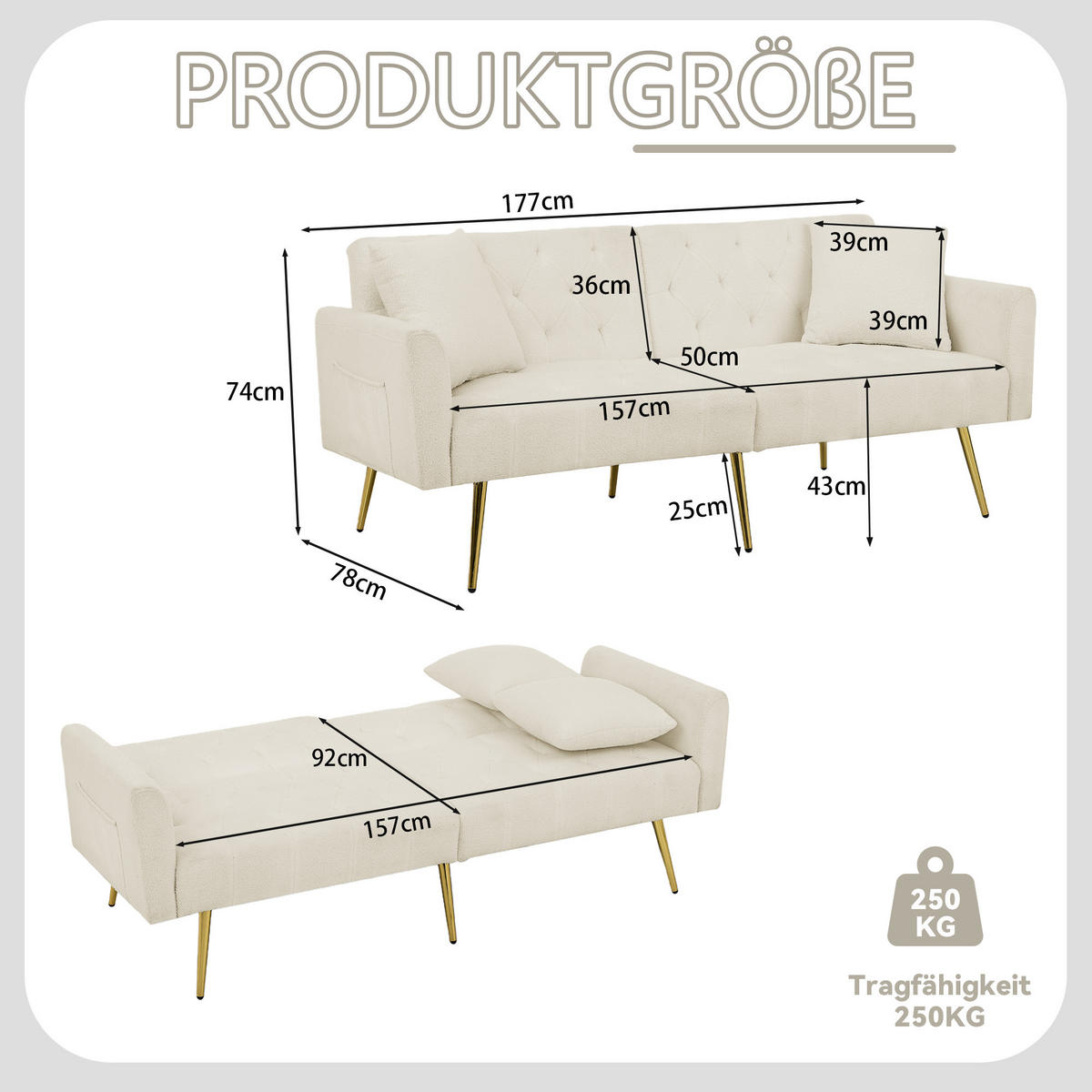 SCHLAFSOFA 177/78/74 cm in Beige Teddyfell mit Aufbewahrungstasche - Beige, Textil (177/74/78cm) - Oxeza