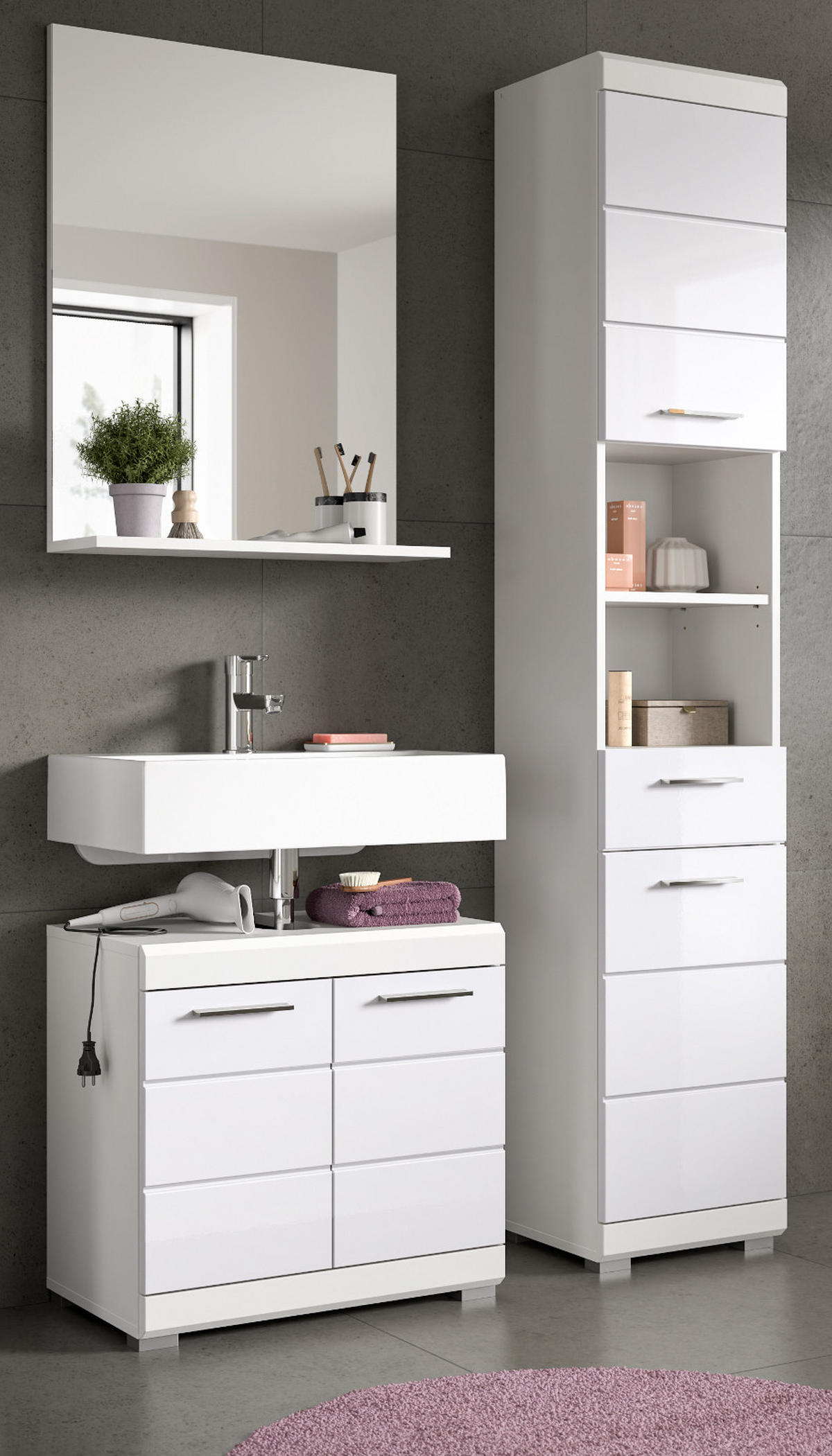 BADMÖBEL-SET weiß Hochglanz 3-teilig 112 cm, Komplettset mit viel Stauraum - Weiß Hochglanz, Glas/Holzwerkstoff (112/191/34cm) - Inn.Furn