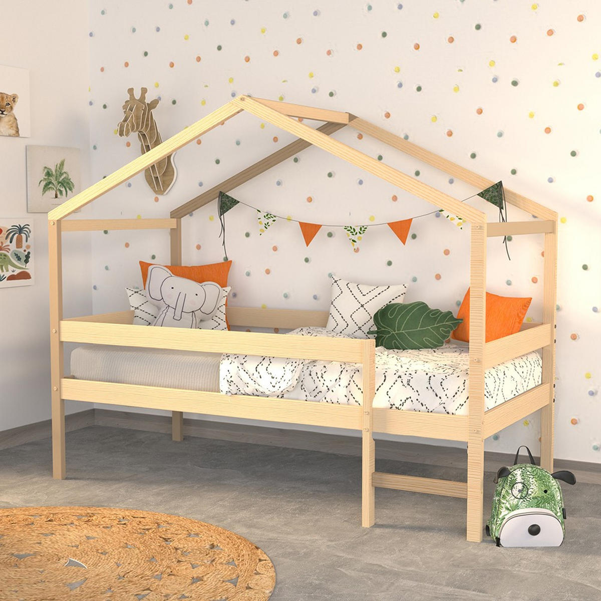 HAUSBETT MIKA + Lattenrost + Matratze/ Kinderbett 90x190 - Naturholz - Naturfarben, Holz (90/190cm) - Weber Industries