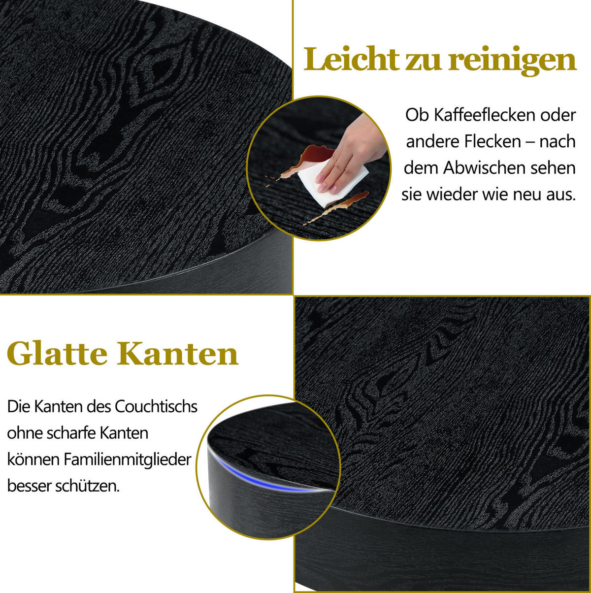 COUCHTISCH 70/70/35,5 cm mit runder Tischplatte, verstellbaren Füßen und MDF-Holzoptik, Schwarz - Schwarz, Holzwerkstoff (70/70/35.5cm) - Redom