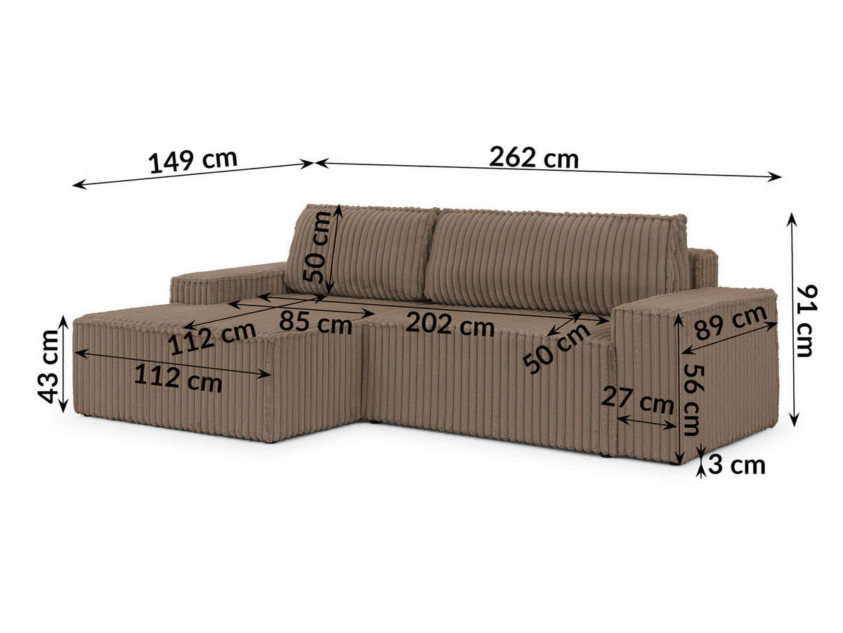 ECKSOFA Rivio mit Schlaffunktion und Bettkasten, Plüschcord Braun - Schwarz/Braun, Holz/Kunststoff (149/262cm) - S-Style