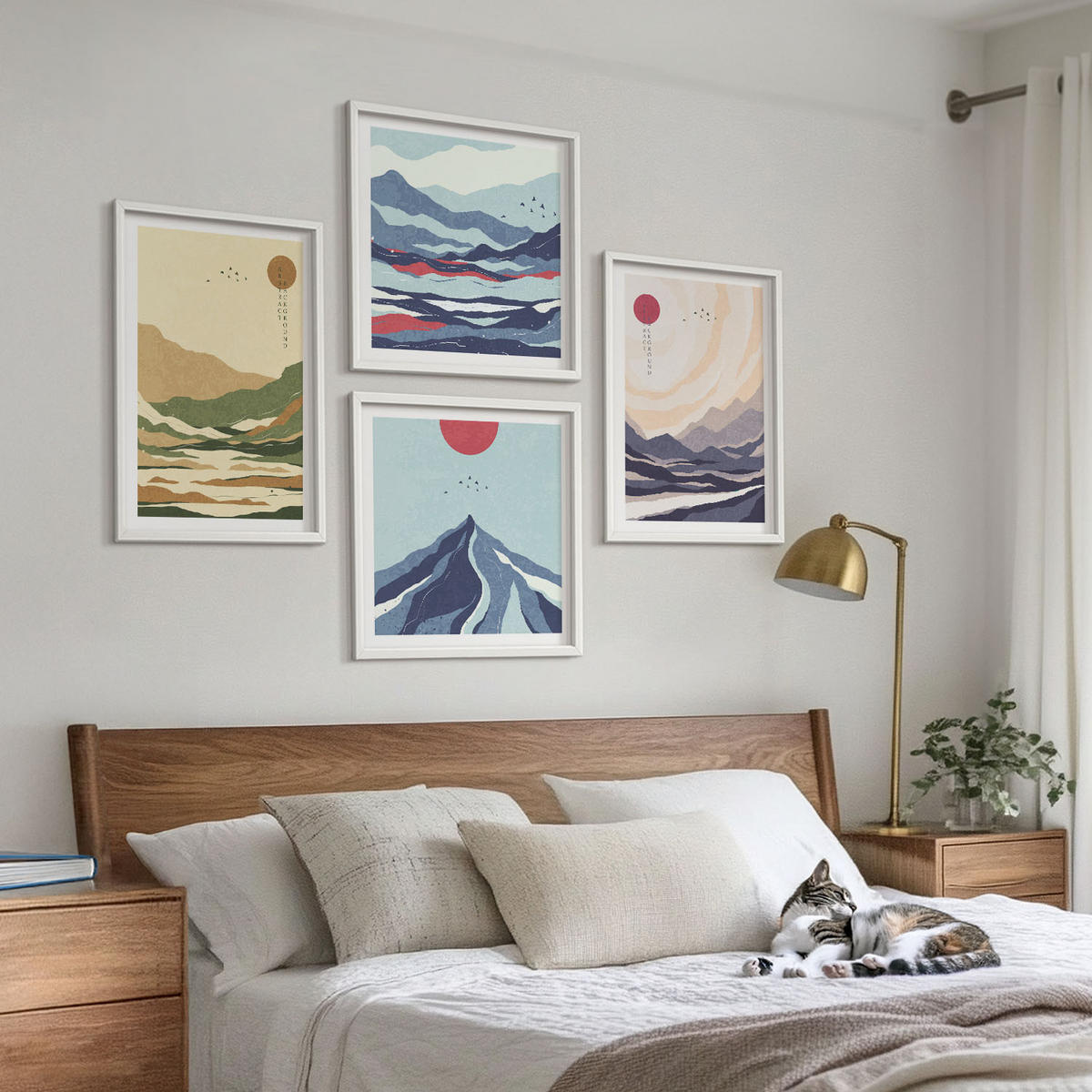 WANDBILDER 4er-Set - 50x50 cm & 40x60 cm Weißer Rahmen - Pastellfarbene Berge im Japandi-Stil - Weiß, Kunststoff (50/50cm) - ArtPrintCave