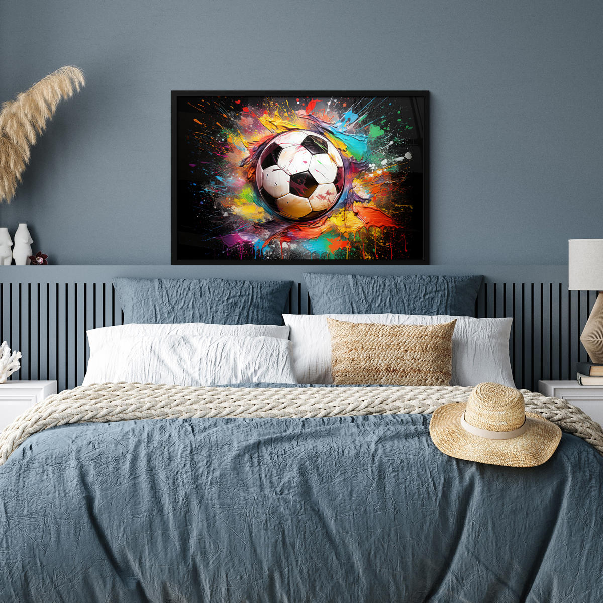 POSTER MIT RAHMEN Fußball - Farbe - Farben - Schwarz - Weiß 90x60 cm - Weiß, Papier (90/60cm) - MuchoWow