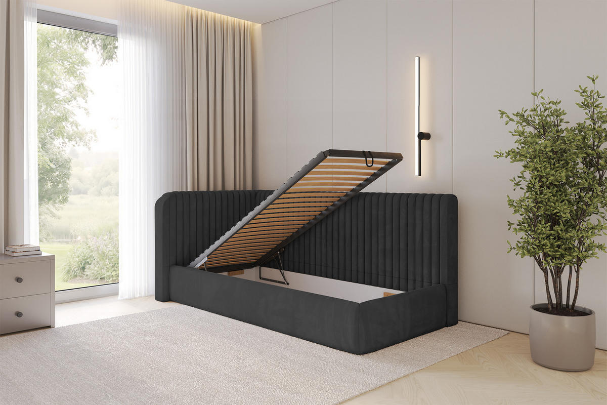 EINZELLBETT Jugendbett mit Bettkasten und Matratze H3/H4, Rechts - AURY 80x200 Schwarz - Anthrazit, Holzwerkstoff/Textil (80/200cm) - ALTDECOR