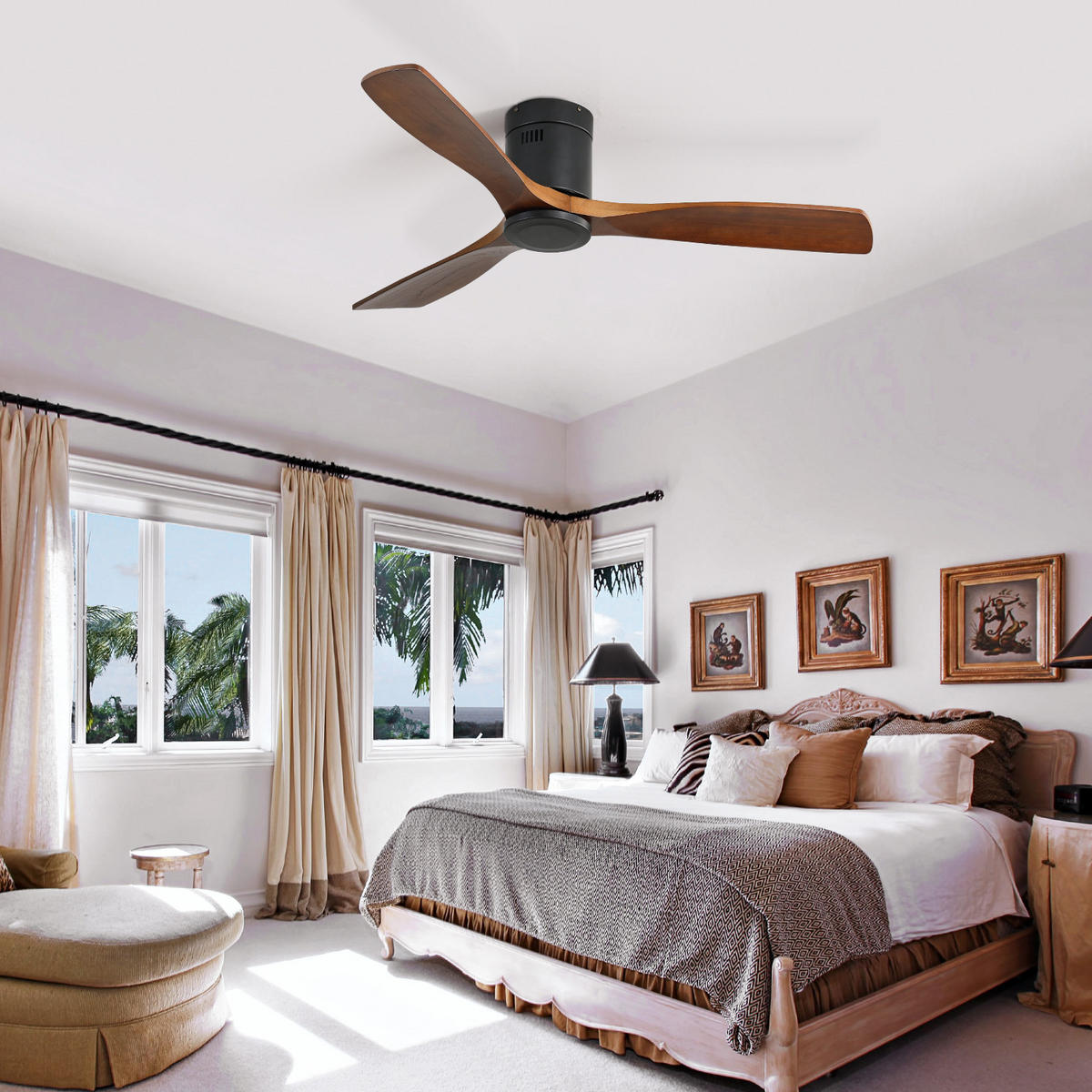 DECKENVENTILATOR DE-16345 52 Zoll Flachbau mit 3 Holzflügeln & reversibel - Schwarz, Holz/Metall (132/132/24.5cm) - ComfortXL
