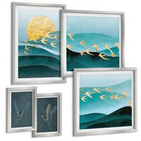 BILDER SET 5er Set - 50x50 cm & 20x30 cm & 40x60 cm Silberner Rahmen - Stilvolle Landschaften mit Vögeln - Silberfarben, Kunststoff (40/60cm) - TULUP