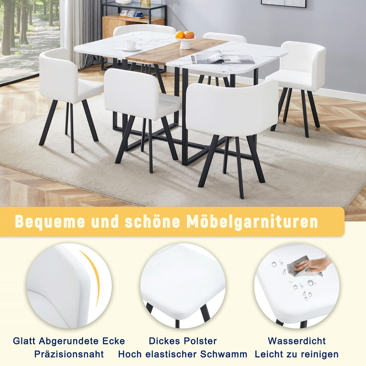 ESSGRUPPE DE-39498 ausziehbar, mit 4 Stühlen und Metallrahmen Weiß/Schwarz - Weiß, Holzwerkstoff (150/79/100cm) - ComfortXL