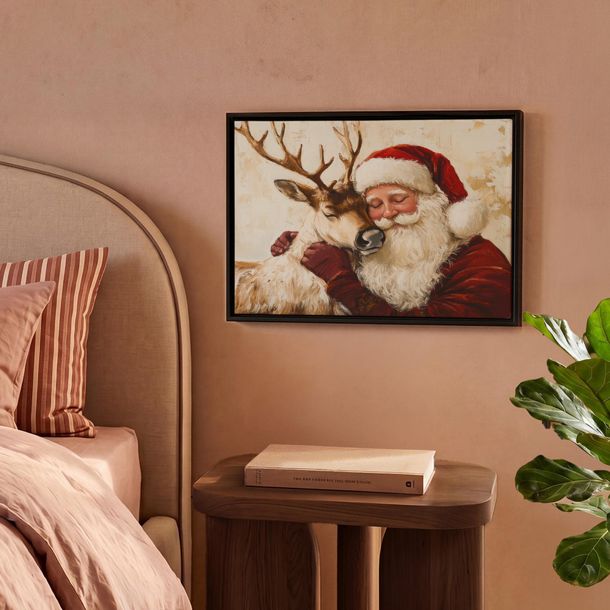 LEINWAND Bilder mit Rahmen - Weihnachtsmann - Rentier - Weihnachten - 40x30 - Rotbraun, Textil (40/30cm) - MuchoWow