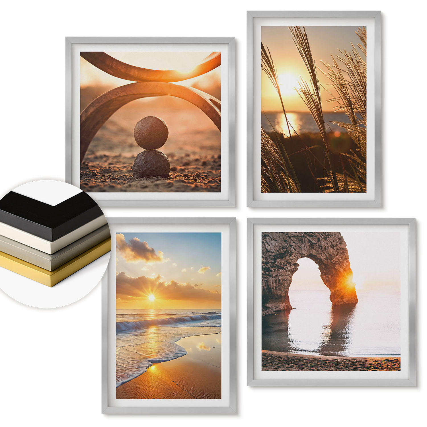 WANDBILDER 4er Set - 50x50 cm & 40x60 cm Silberner Rahmen - Ruhige Landschaften am Strand der Sonne - Silberfarben, Kunststoff (50/50cm) - ArtPrintCave