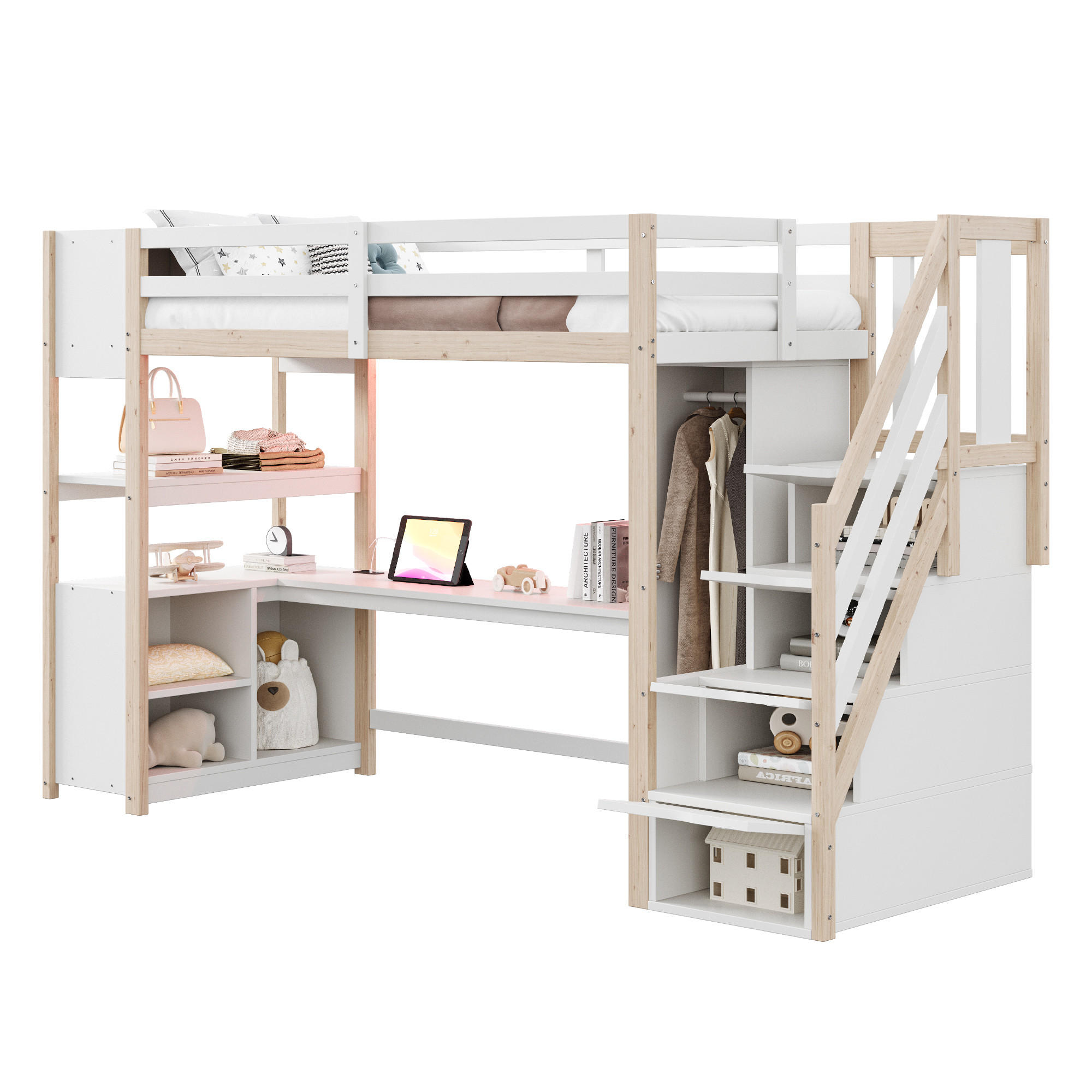 STILVORA HOCHBETT 90/200 cm in Weiß mit Kleiderschrank, Schreibtisch, LED und Stauraum