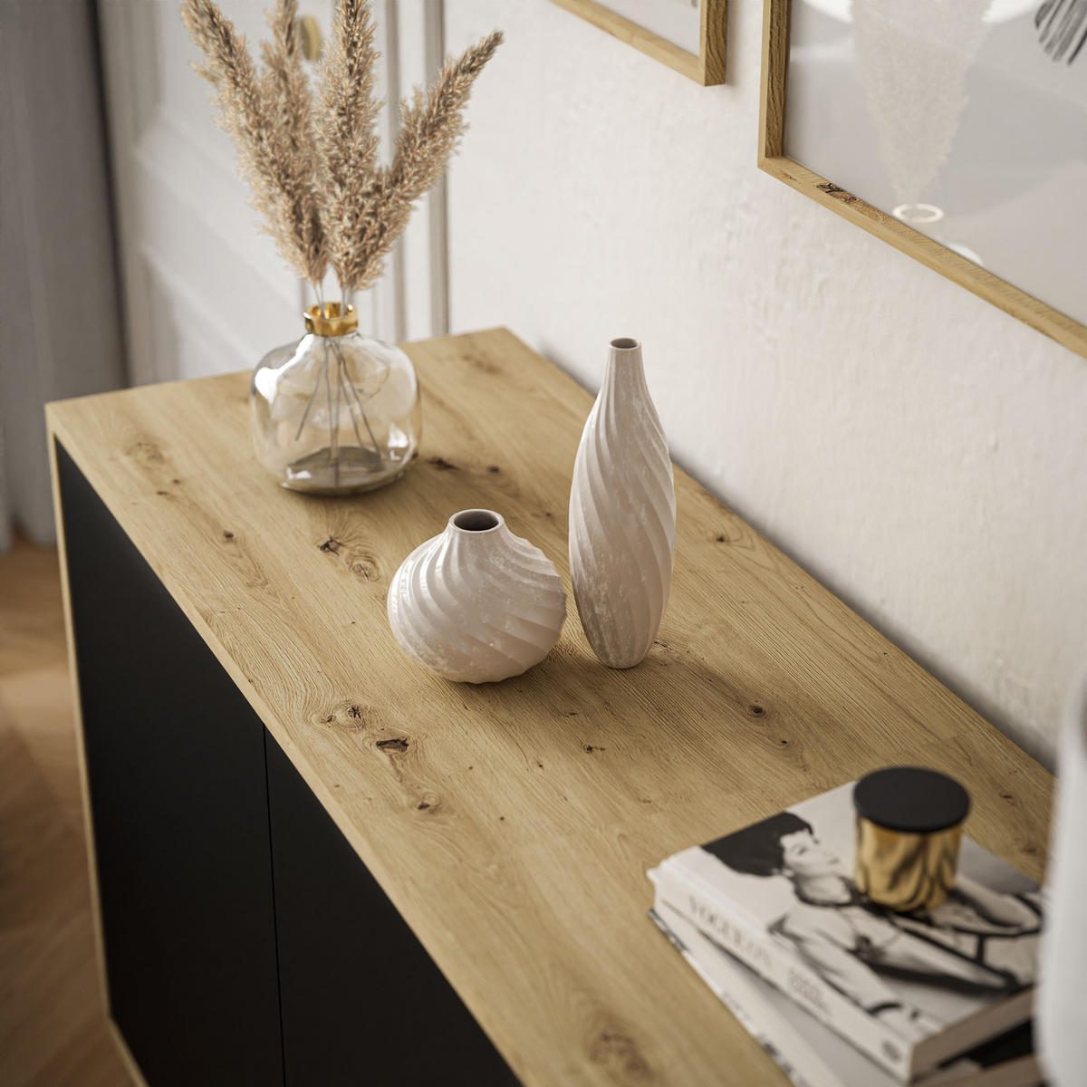 KOMMODE SANAYI III Eiche Artisan/Mattschwarz - Schwarz, Holzwerkstoff (154/72/40cm) - Lookway