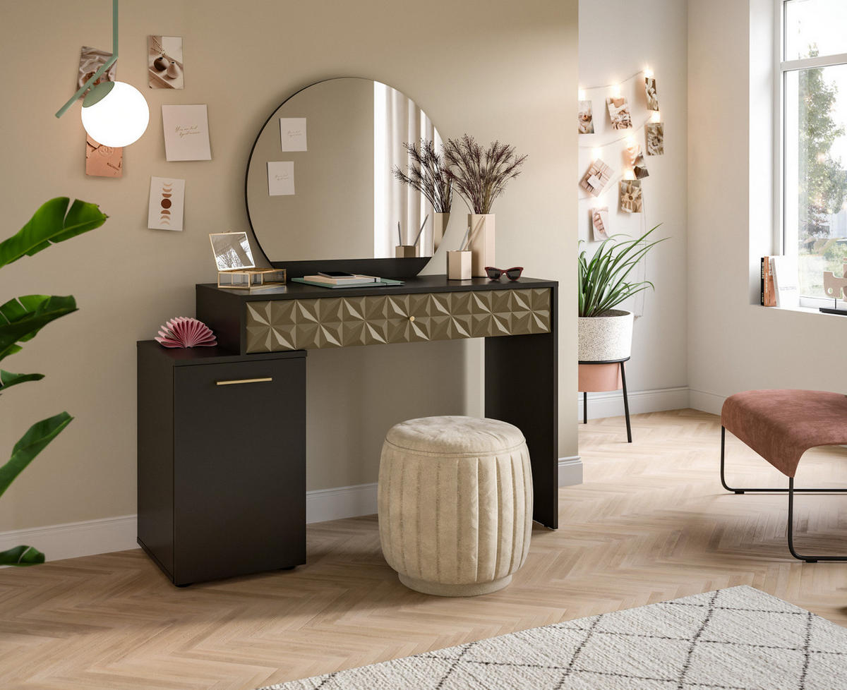 SCHMINKTISCH schwarz, Gold 117 cm mit Spiegel - Goldfarben/Schwarz, Holzwerkstoff/Kunststoff (117/137/42cm) - Inn.Furn