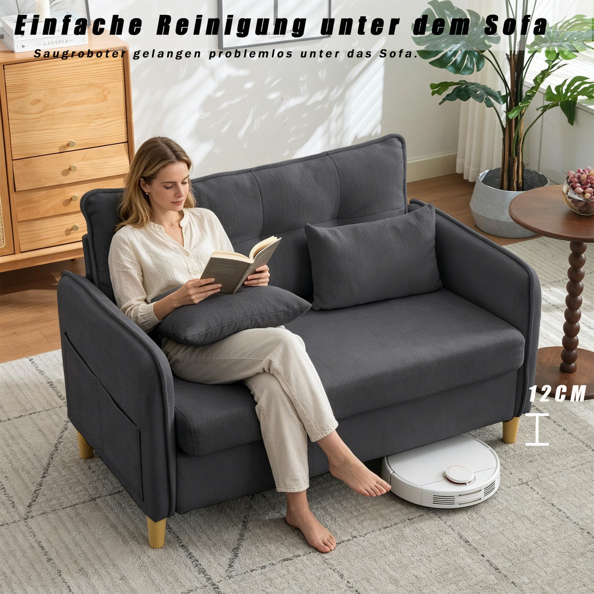 SCHLAFSOFA 127/75.5/83 cm Dunkelgrau mit Armlehnen und Seitentaschen - Dunkelgrau, Textil (75.5/83/127cm) - Oxeza