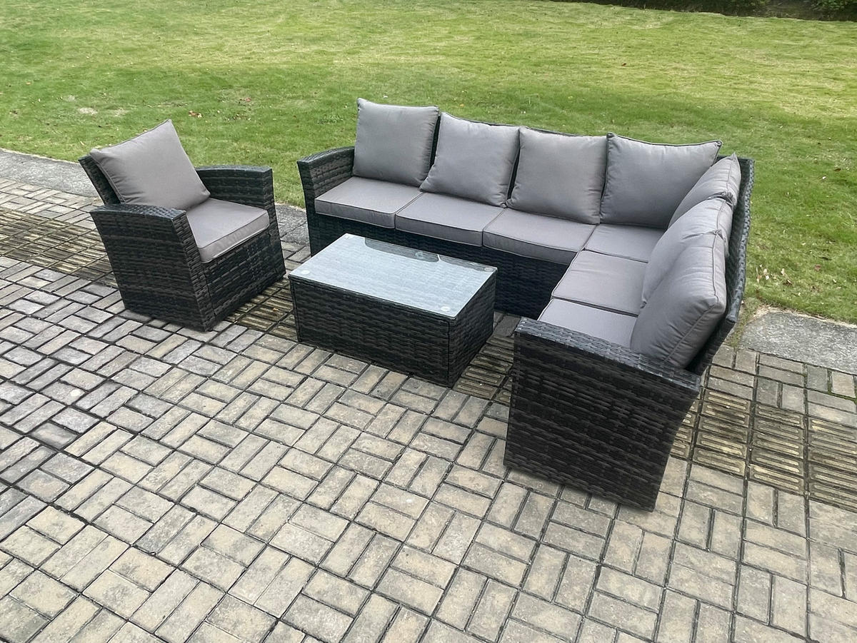LOUNGEGARNITUR mit Couchtisch Sofa Polyrattan Dunkelgrau 7-Sitzer - Dunkelgrau/Grau, Glas/Kunststoff - Fimous