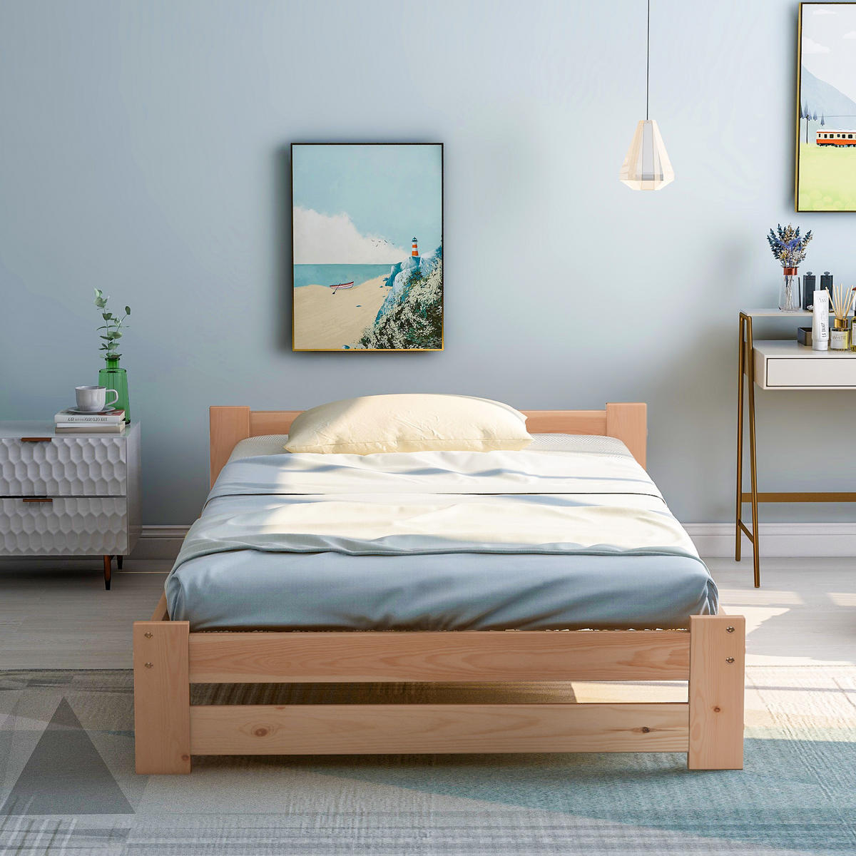BETT 90/200 cm Natur aus Kiefer mit Kopfteil und Lattenrost - Naturfarben, Holz (90/200cm) - OKWISH