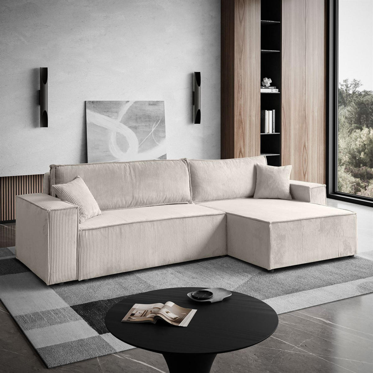 ECKSOFA Gepolstertes CARLO XL Cord mit Schlaffunktion und Bettkasten, Poso 100 - Ecru, Textil (277/143cm) - Lookway