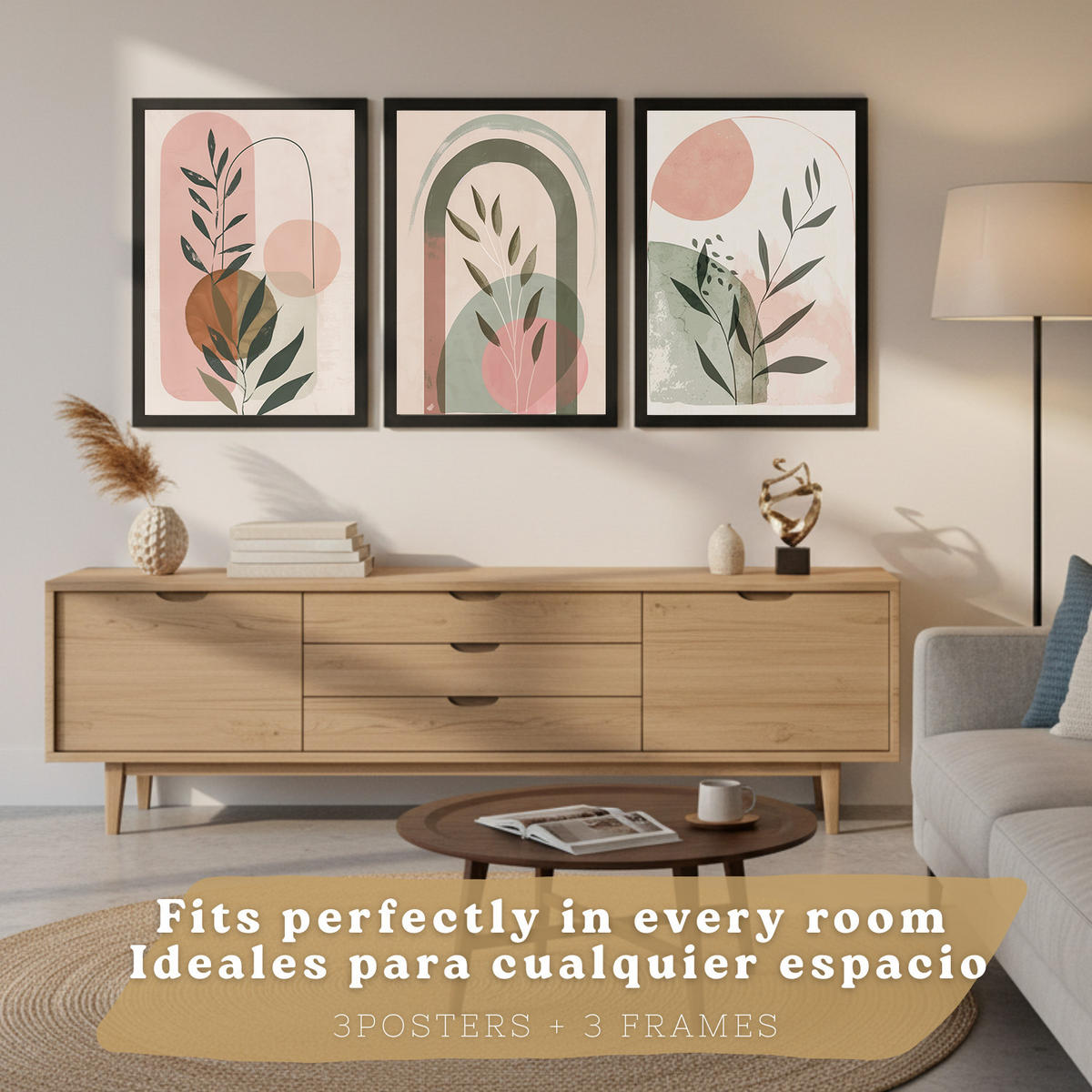 PLAKAT Sada 3 dekorativních nástěnných tisků, pastelově zelené a růžové rostliny, pro moderní dekoraci obývacího, velikost Černý rám A3 - černá, papír (29.7/42/3cm) - Nacnic