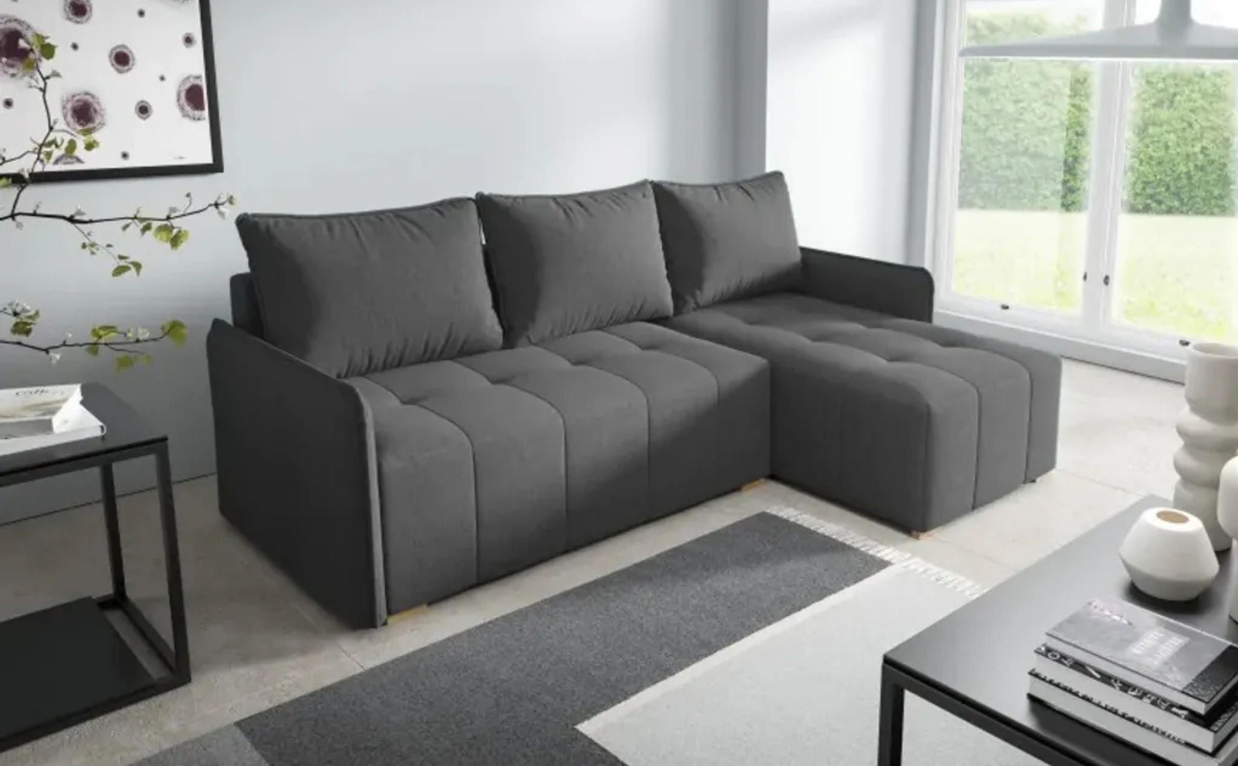 ECKSOFA GREND, L-Form mit Schlaffunktion und Bettkasten, Dunkelgrau, rechts, Veloursstoff - Dunkelgrau, Textil (210/140cm) - Sepro Meble