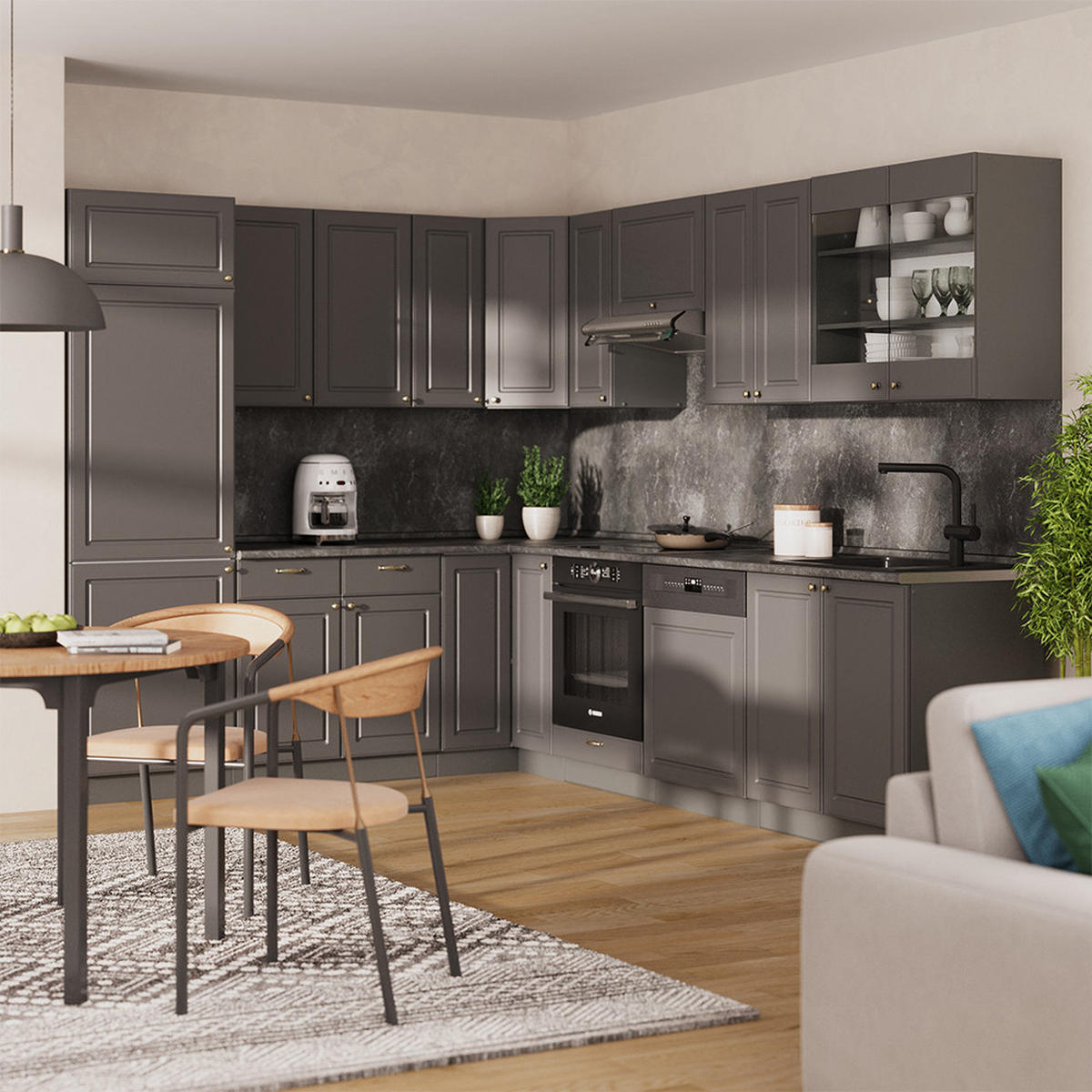 ROHOVÁ KUCHYŇ Fame-Line Anthrazit-Gold Landhaus - antracitová, kompozitní dřevo (287/81.6/60cm) - Vicco