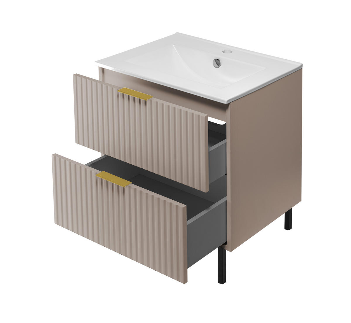 WASCHBECKUNTERSCHRANK, Kaschmir, 60 x 77 x 46 cm, goldener Griff, schwarze Beine, ohne Arbeitsplatte - Beige/Goldfarben, Holzwerkstoff (60/77/46cm) - 3XE LIVING