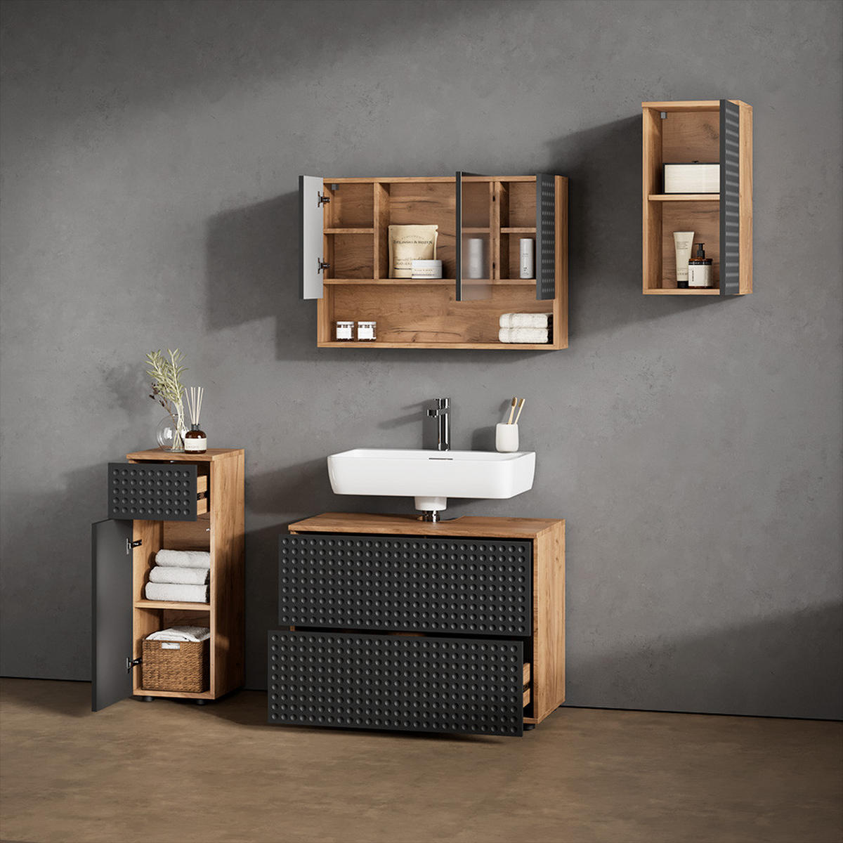 BADMÖBEL-SET Ronco Anthrazit gepunktet 4 Teile - Anthrazit/Eiche Wotan, Holzwerkstoff (80/58/41cm) - Livinity®