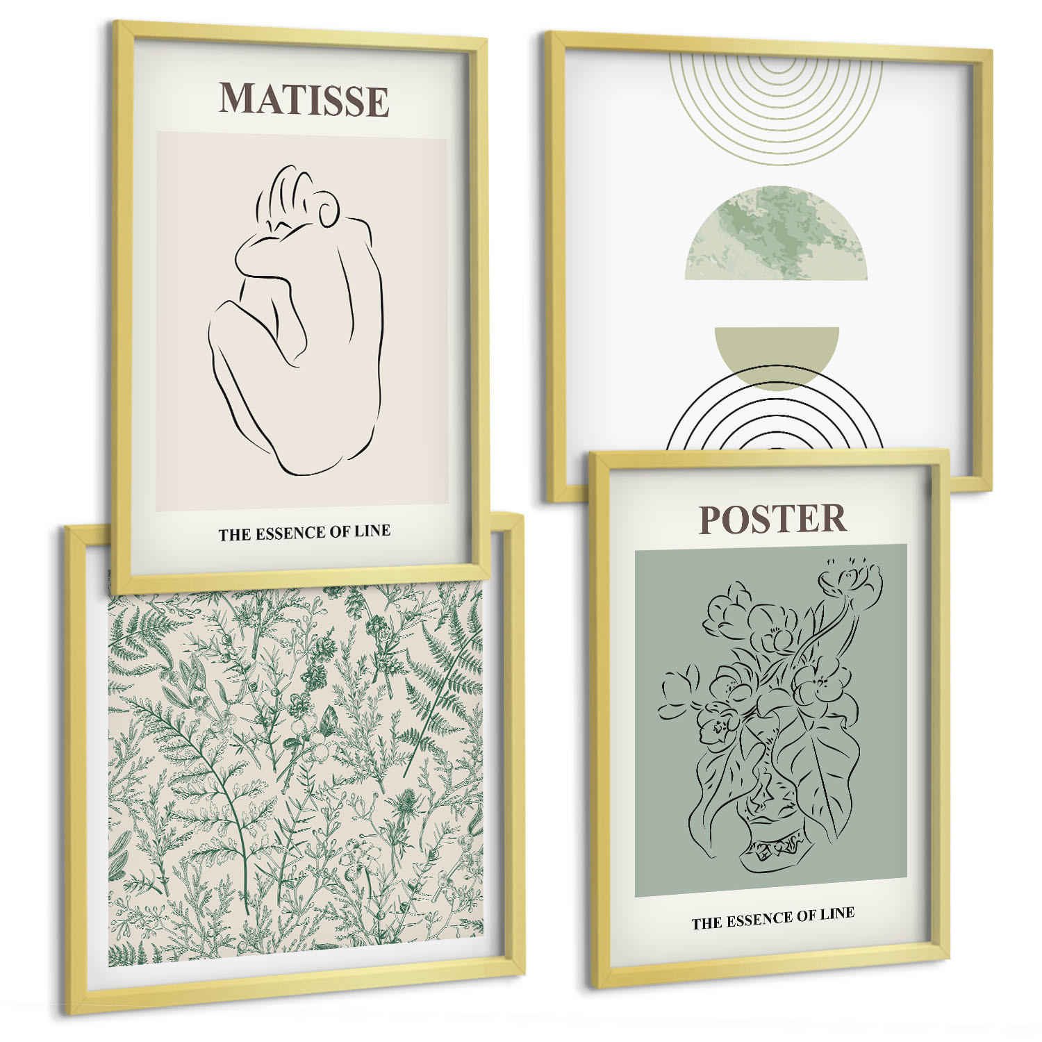 BILDER SET 4er Set - 50x50 cm & 40x60 cm Goldrahmen - Linien, Pflanzenmuster, Minimalismus - Goldfarben, Kunststoff (50/50cm) - TULUP