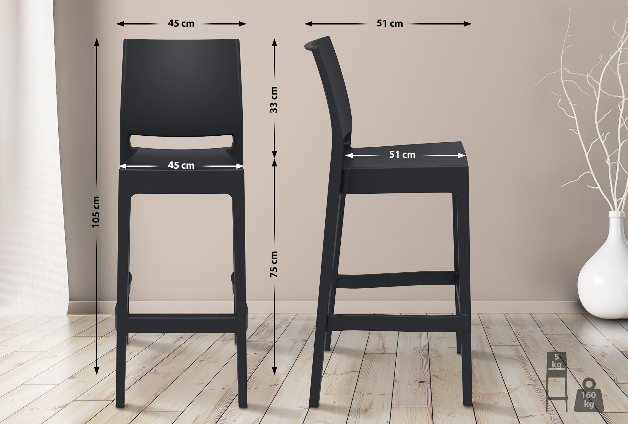 Thumbnail - CLP Barhocker, Schwarz, Kunststoff, 45x105x51 cm, Esszimmer, Barmöbel, Barhocker