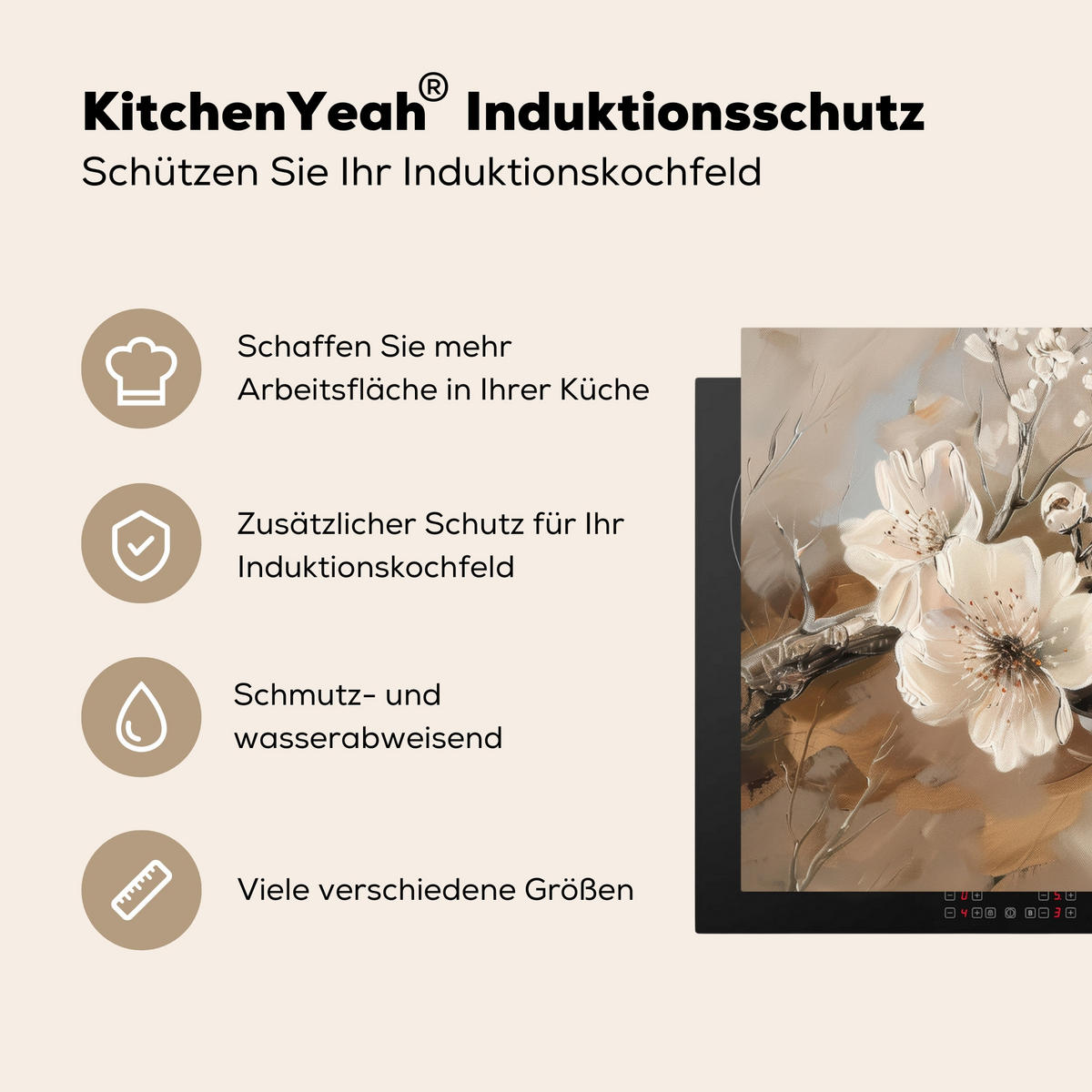 HERDABDECKPLATTE Blumen - Abstrakt - Gemalt - Beige Induktionsmatte 83x51 cm - Beige, Kunststoff (83/51.5/0.2cm) - MuchoWow