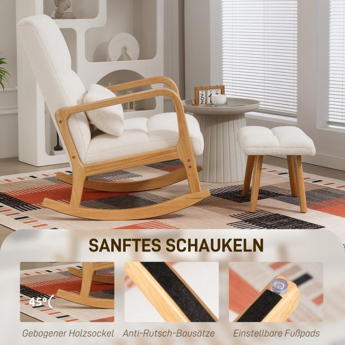 SCHAUKELSTUHL mit Fußhocker Fleecebezug, Holzkufen 82/64,5/99 cm Weiß - Weiß, Holz (64.5/99/82cm) - Redom