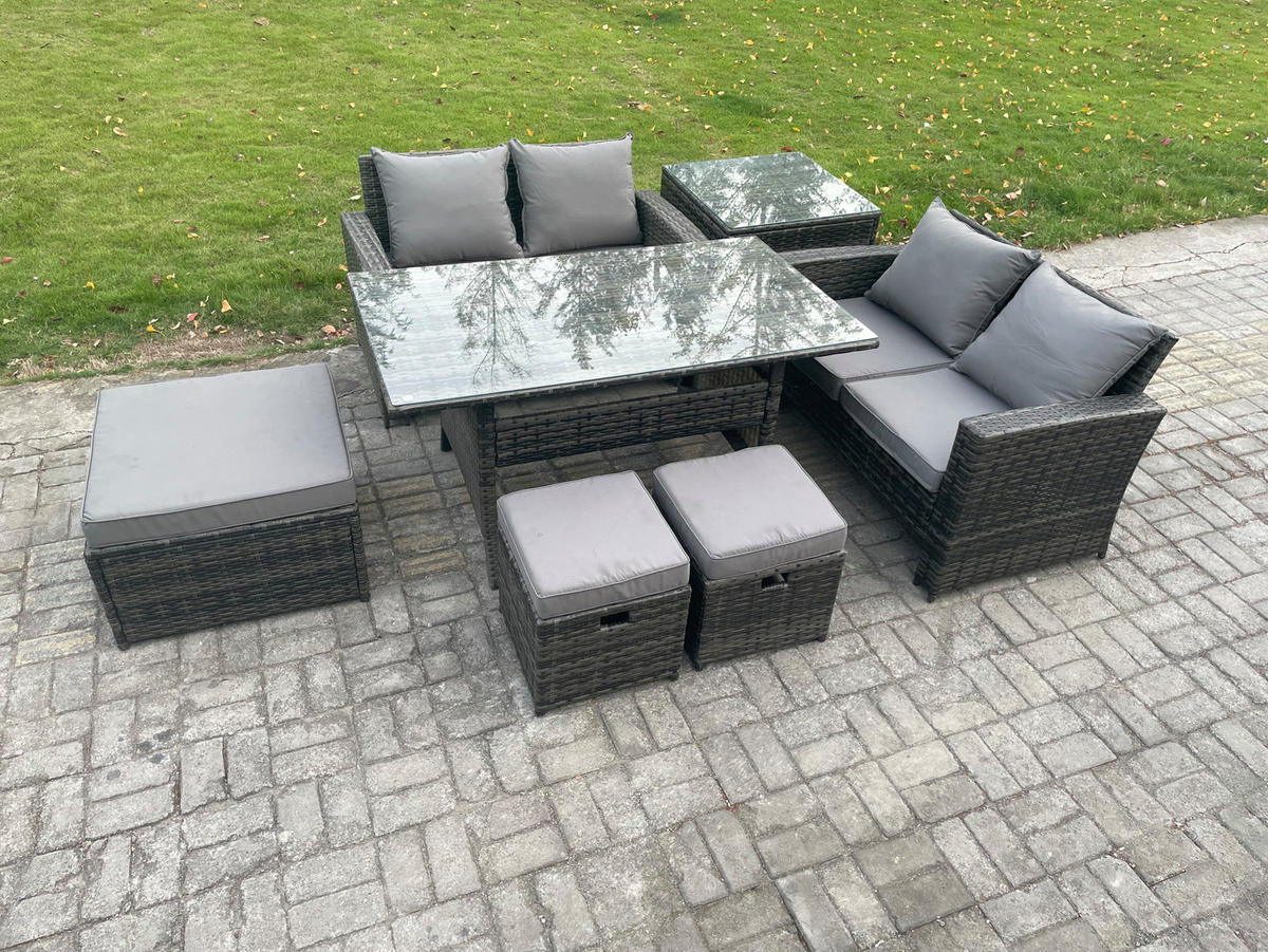 BALKONMÖBEL-SETS mit 2-Sitzer Sofa,3 Fußhocker,Esstisch,Beistelltisch Polyrattan Dunkelgrau 7-Sitzer - Dunkelgrau/Grau, Glas/Kunststoff - Fimous