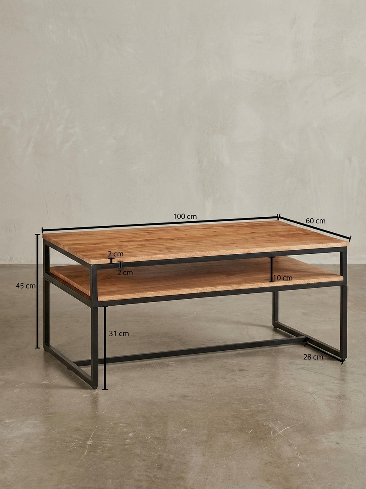 COUCHTISCH Industrial Vintage, Akazienholz und Eisen, 2 Ablagen, Belastbarkeit 15 kg - Beige/Schwarz, Holz/Metall (60/100/45cm) - KADIMA DESIGN