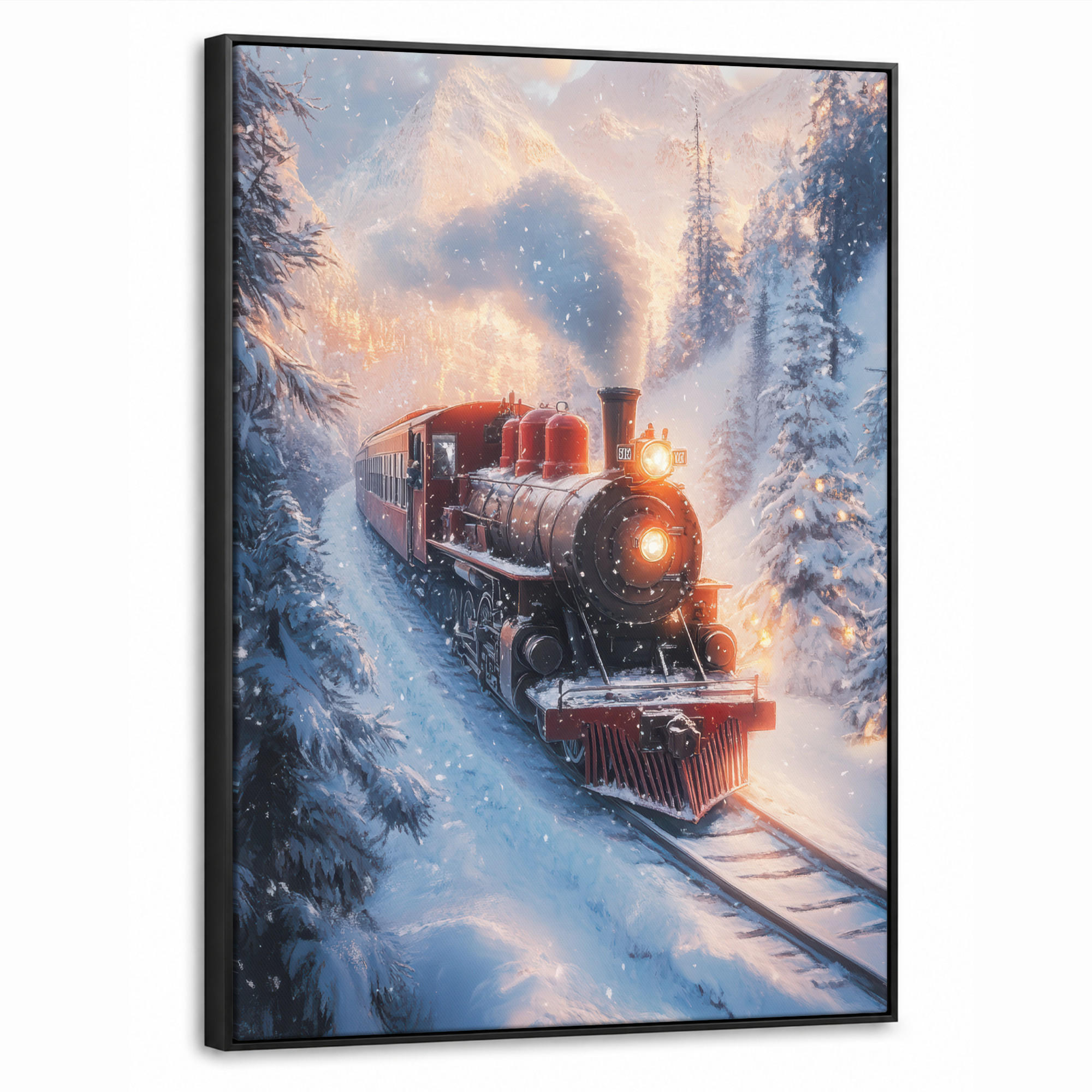 LEINWAND Bilder mit Rahmen - Weihnachtszug - Schnee - Winter - Weihnachten - 70x100 - Dunkelrot, Textil (70/100cm) - MuchoWow