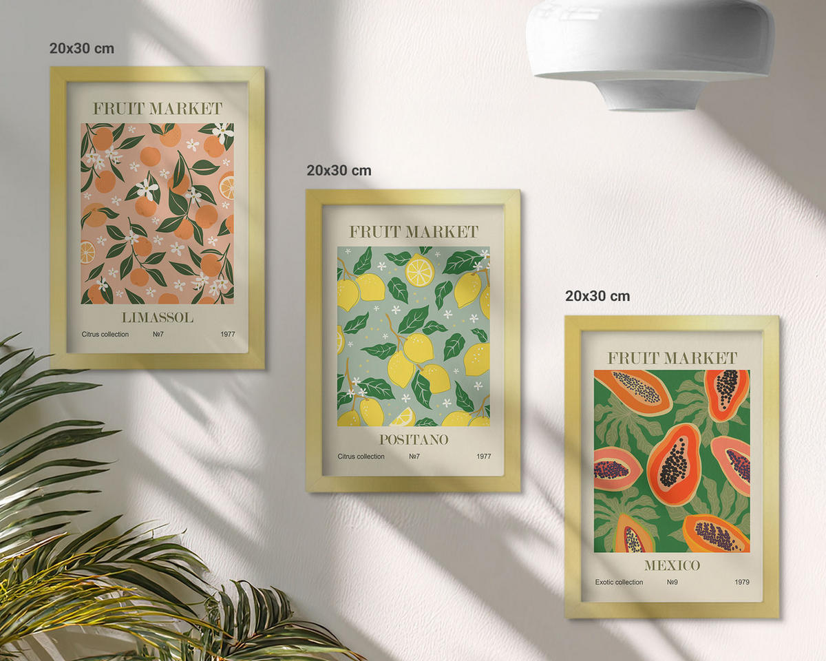 WANDBILDER 3er Set - 20x30 cm Goldrahmen - Zitrusfrüchte, tropischer Retro-Stil - Goldfarben, Kunststoff (20/30cm) - ArtPrintCave
