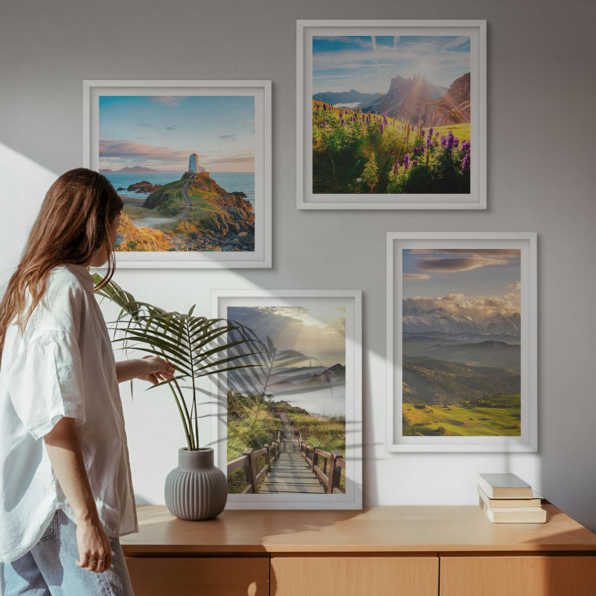 BILDER SET 4er Set - 50x50 cm & 40x60 cm Weißer Rahmen - Bergblumen Himmelsweg - Weiß, Kunststoff (50/50cm) - TULUP