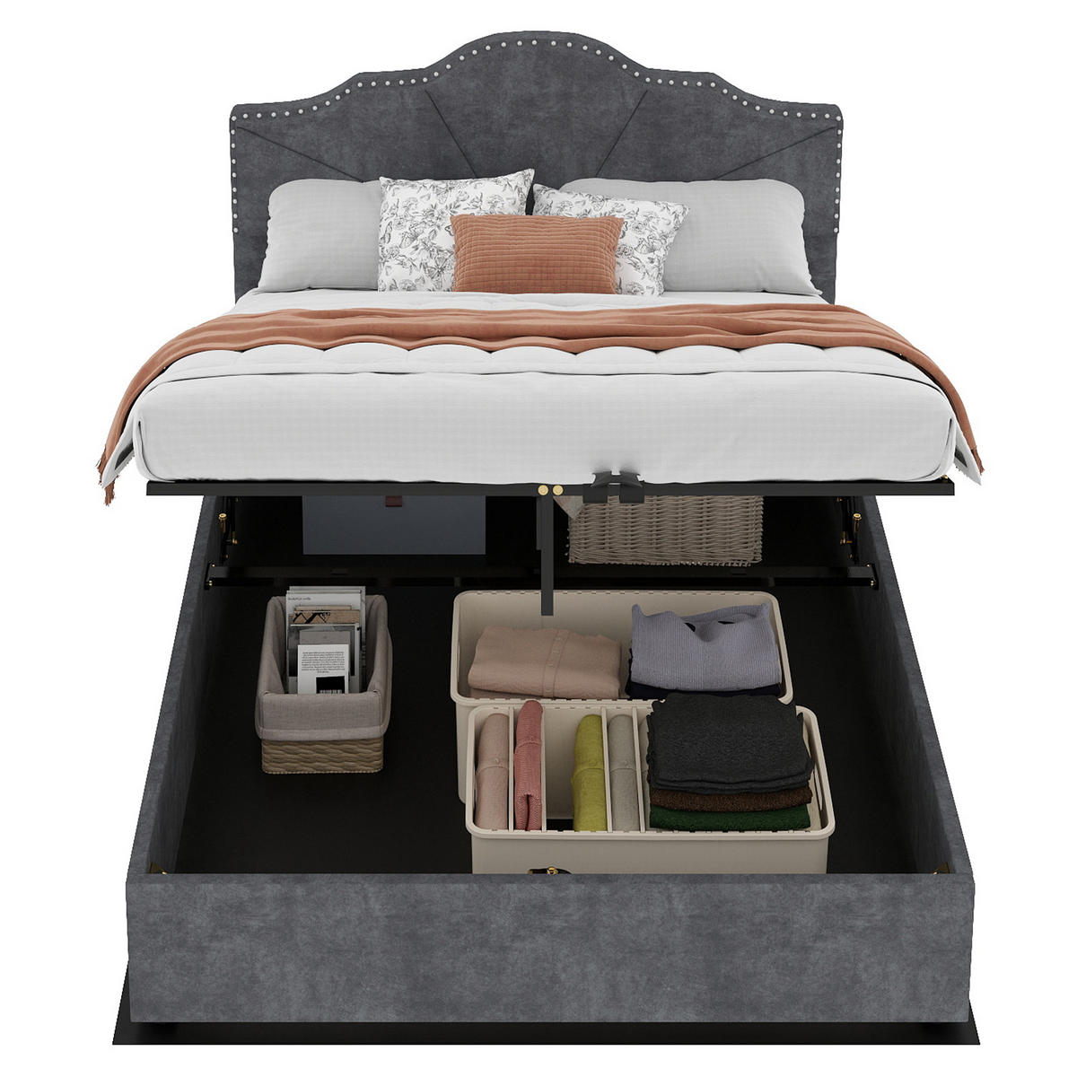 POLSTERBETT 160x200 cm Samt Stauraum hydraulisch grau - Grau, Textil (160/200cm) - LEBENLANG