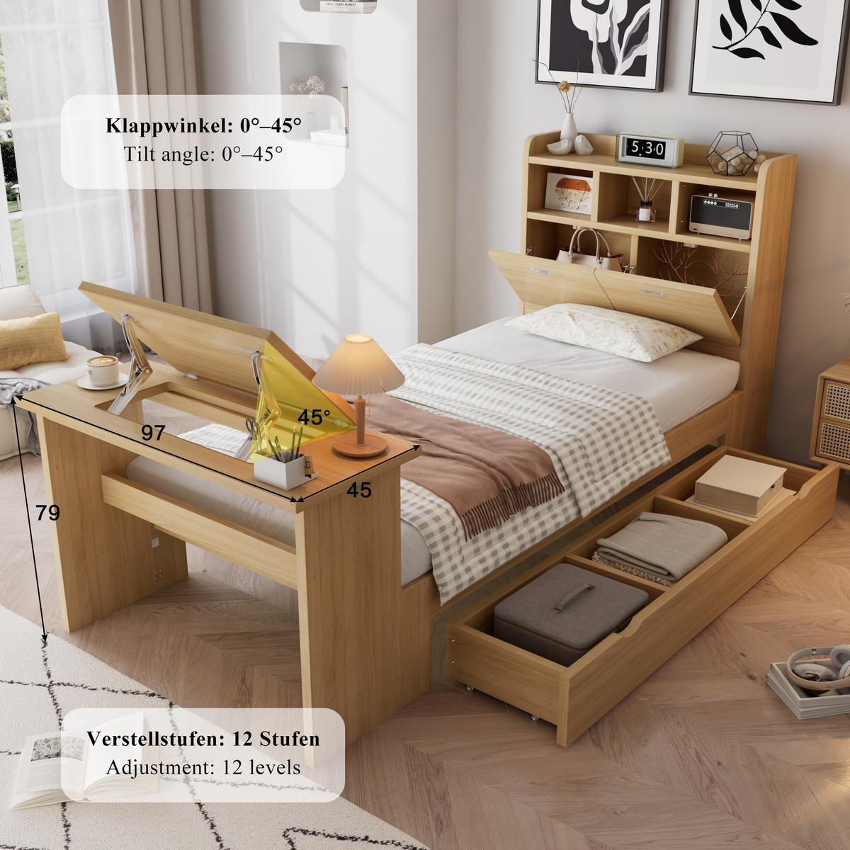 JUGENDBETT 90/200 cm in Natur mit Stauraum, Klapptisch und Kopfteilregal - Naturfarben, Holzwerkstoff - STILVORA