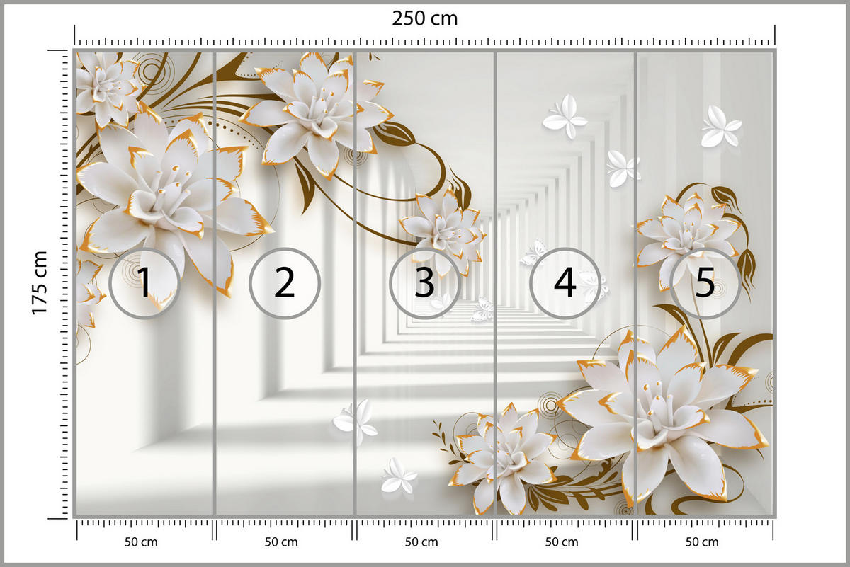 FOTOTAPETE für Wohnzimmer Abstrakter Blumen Tunnel Schmetterlinge 250x175 - Beige/Orange, Papier (250/175cm) - Muralo