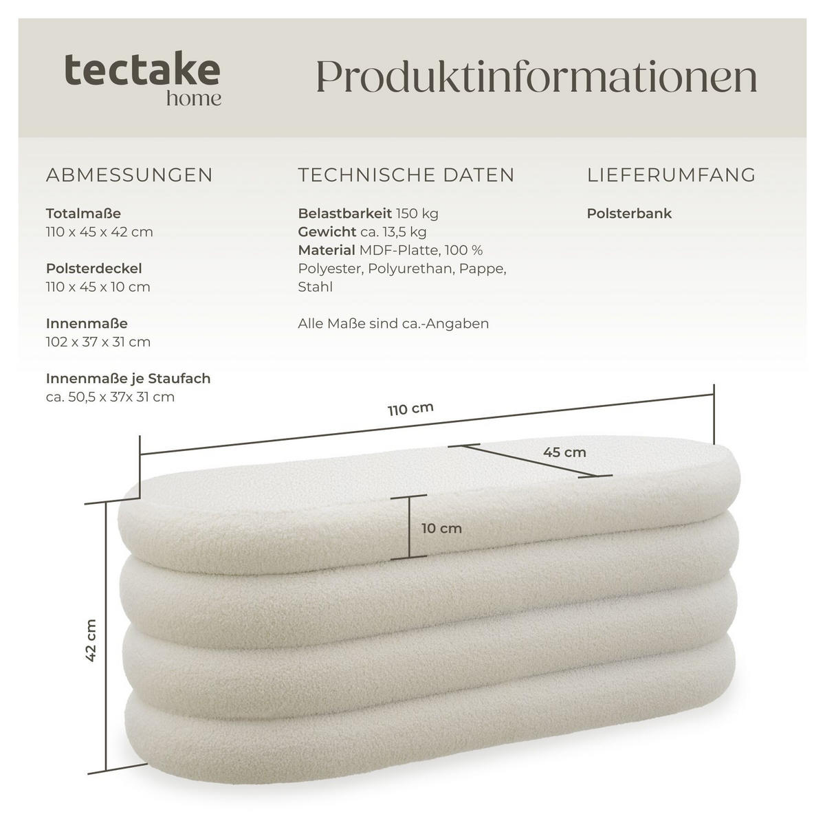 TRUHENBANK Altu,110 x 45 x 42 cm,Bouclé creme-weiß - Creme/Weiß, Holz (110/42/45cm) - tectake