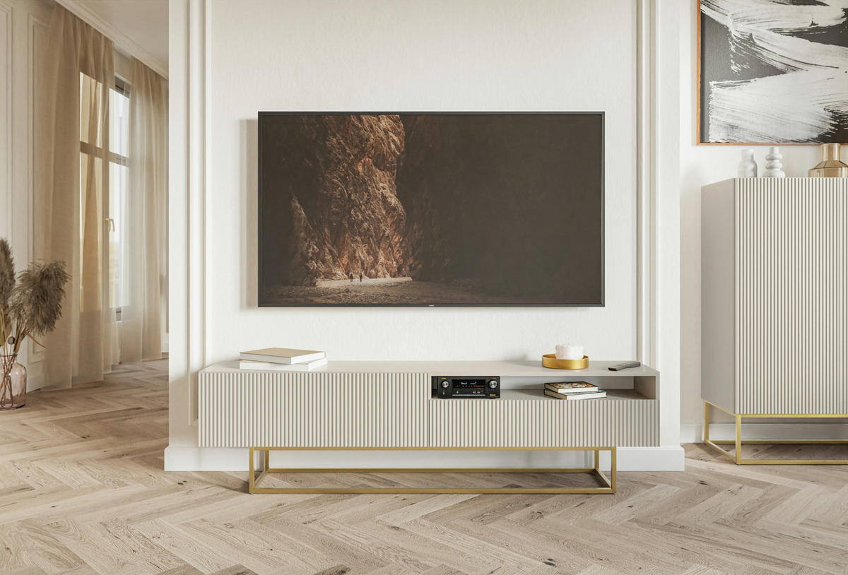TV-SCHRANK Veldio Graubeige mit offenem Fach und goldenen Metallbeinen 175 cm - Greige/Goldfarben, Holzwerkstoff/Metall (175/46.5/31.6cm) - Selsey