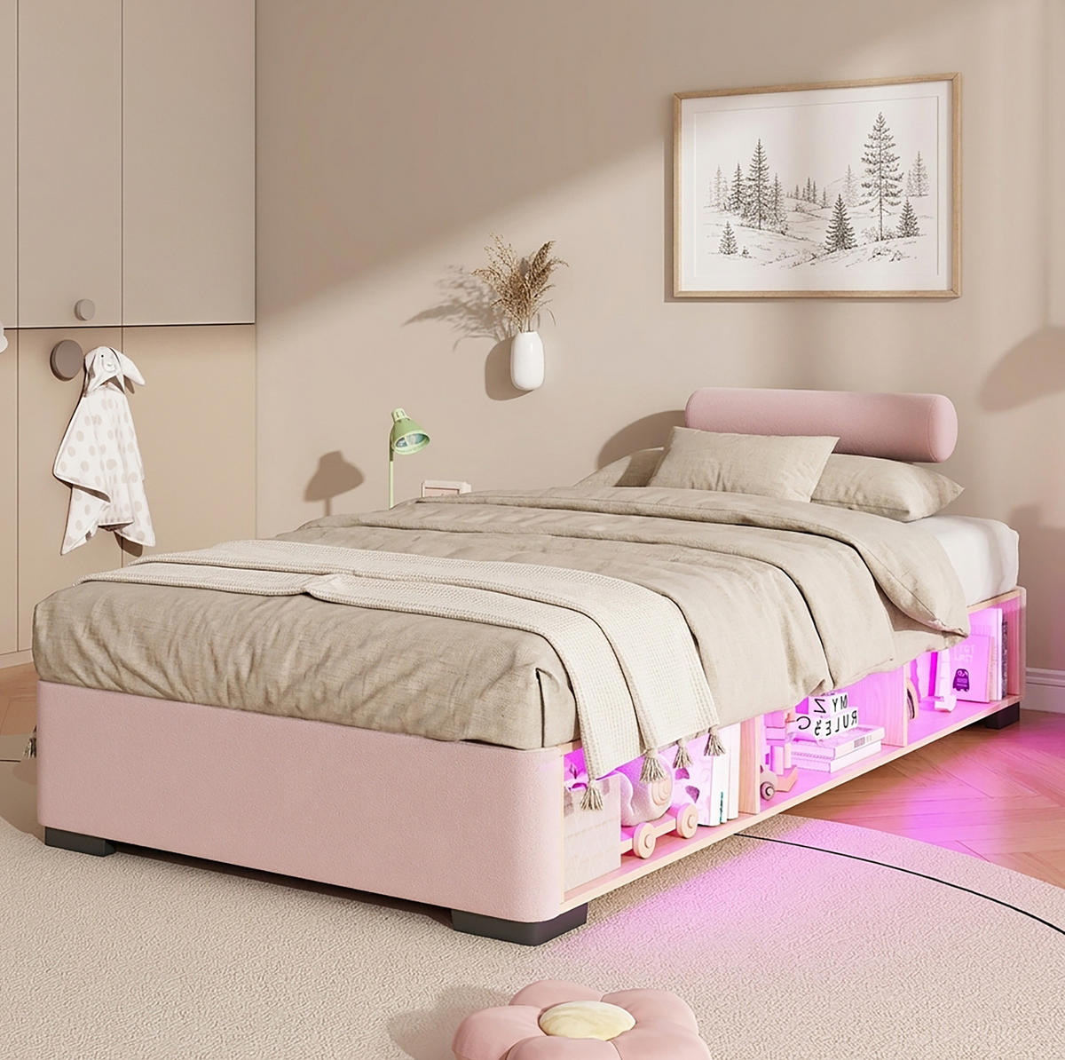 KINDER-POLSTERBETT 90x200 cm in Rosa mit LED-Seitenregal und offenem Stauraum - Pink, Textil (90/200cm) - IVMEU