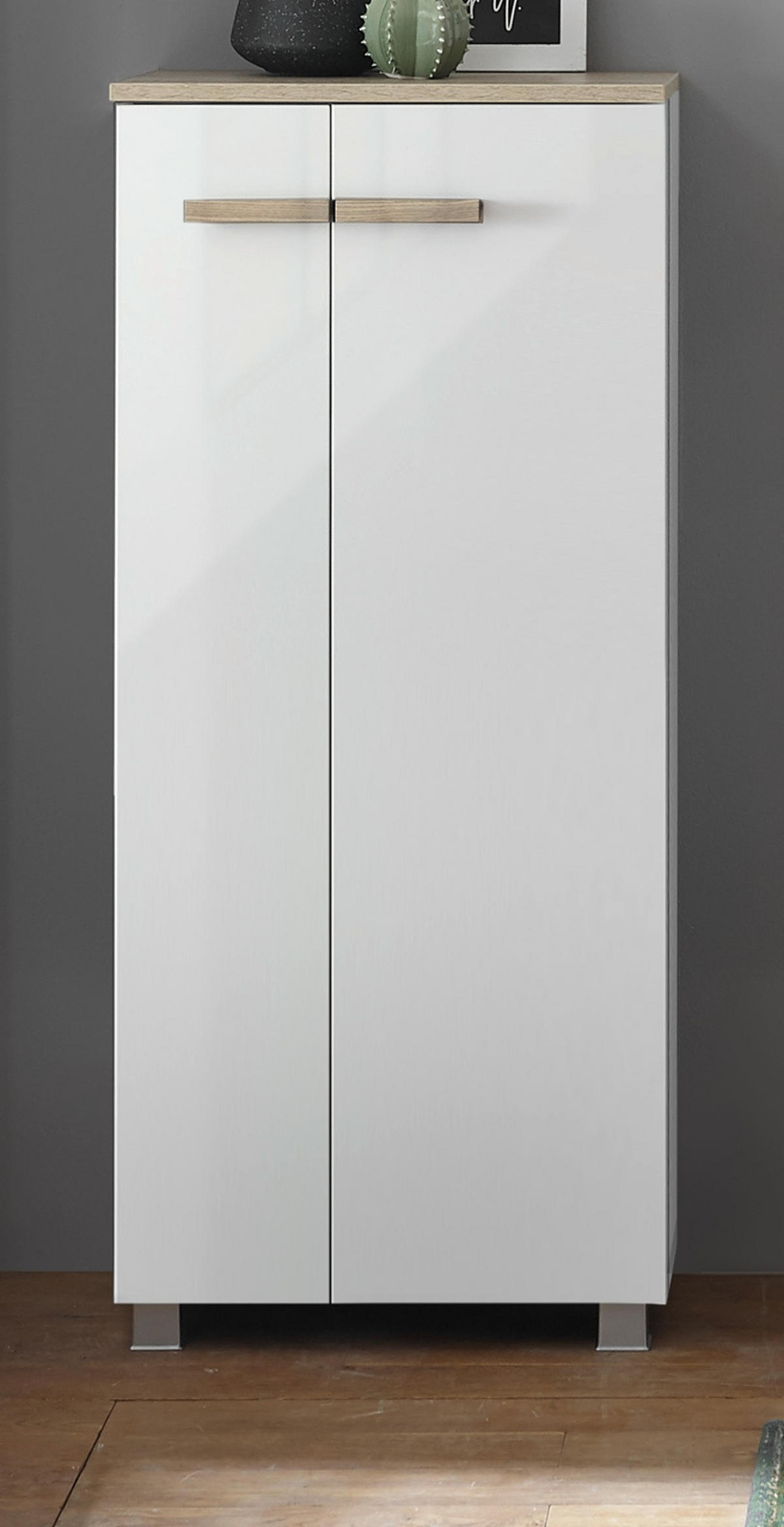 BAD-KOMMODE weiß Lack Hochglanz, Eiche, Midischrank hängend, stehend 51 x 110 cm - Weiß Hochglanz/Eichefarben, Holzwerkstoff/Kunststoff (51/115/30cm) - Furn.Design